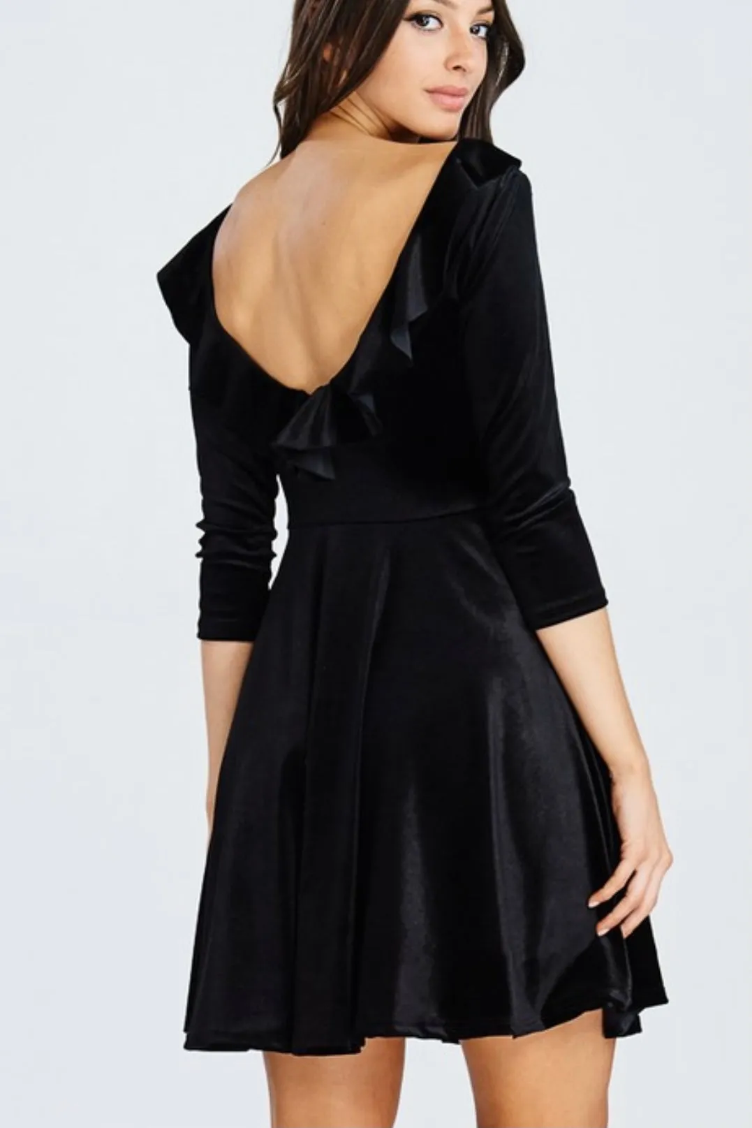 3/4 SLEEVE VELVET DEEP BACK DRESS