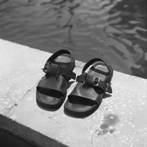 Black Leather Xenia Slip On Buckle Sandal - Summer 2024 Collection