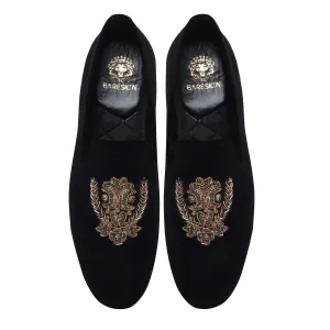 Black Slip-on Shoes with Multi Color Floral Zardosi By Brune & Bareskin