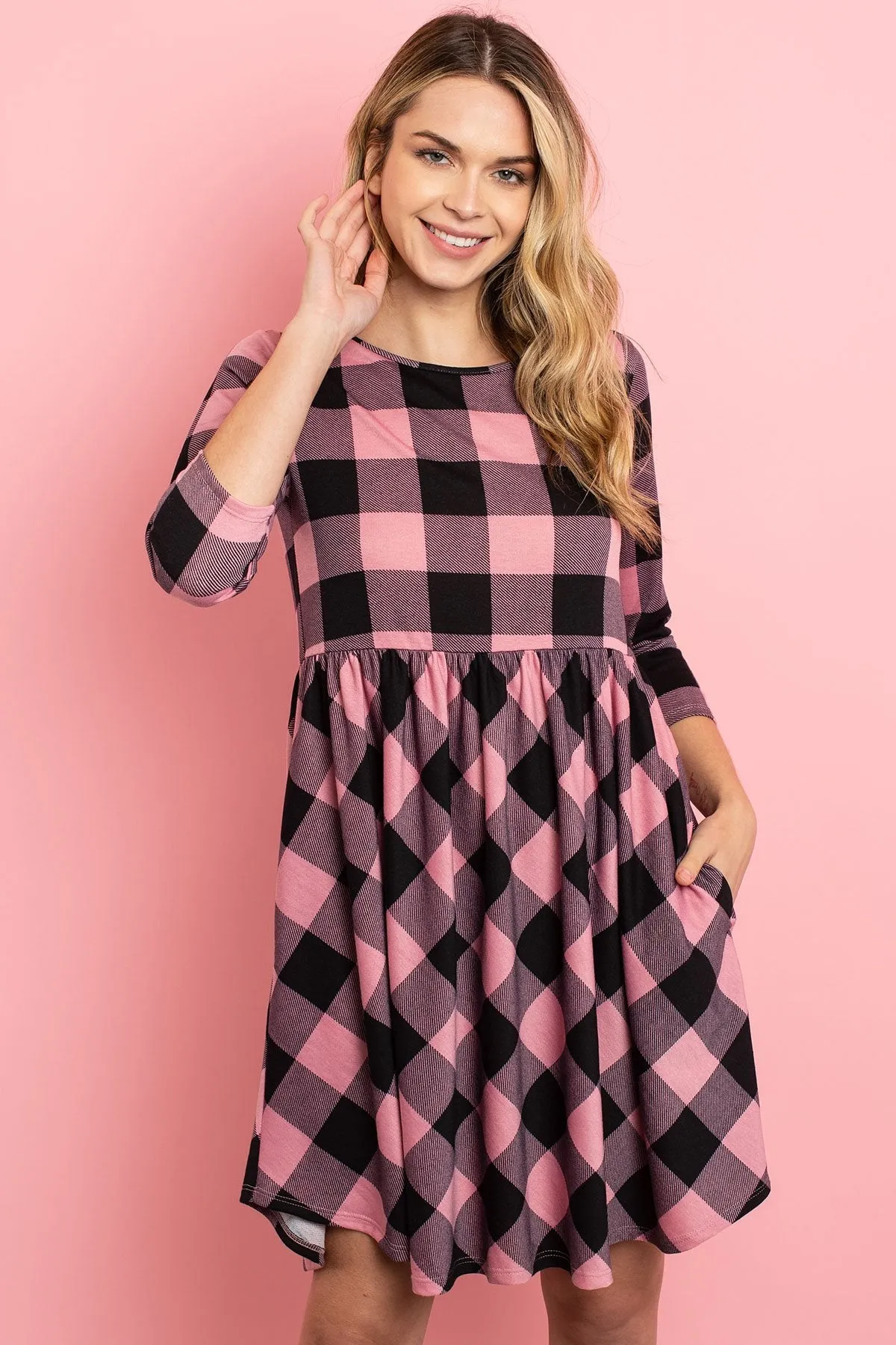 Cinch Waist Quarter Sleeves Plaid Dress