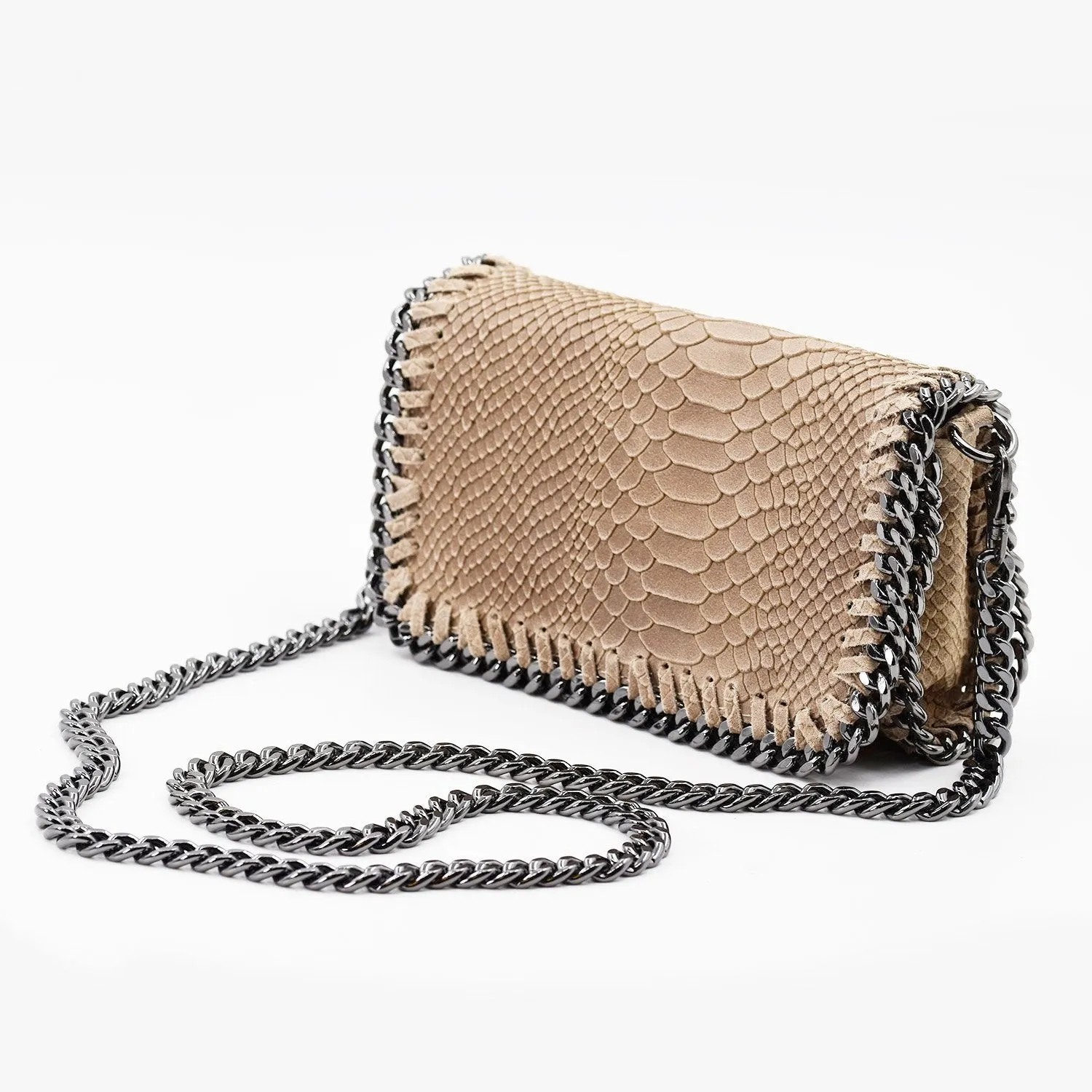 Crocodile patterned Italian leather clutch bag with shoulder chain