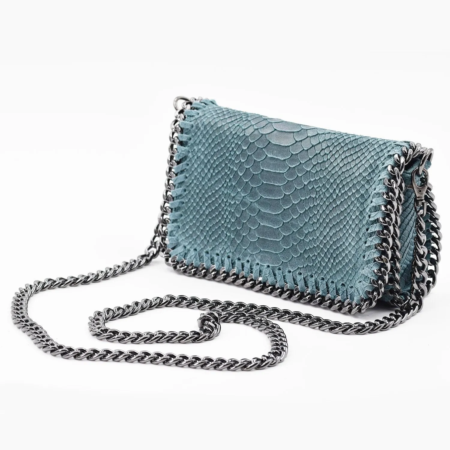 Crocodile patterned Italian leather clutch bag with shoulder chain