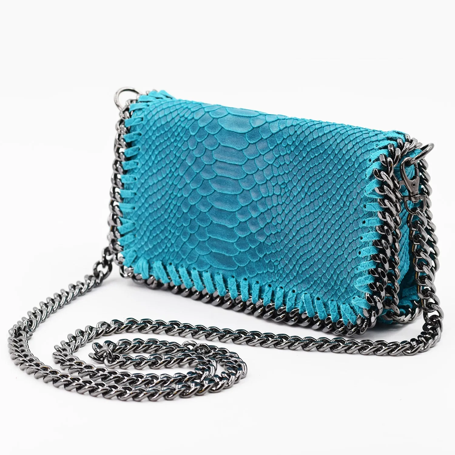 Crocodile patterned Italian leather clutch bag with shoulder chain