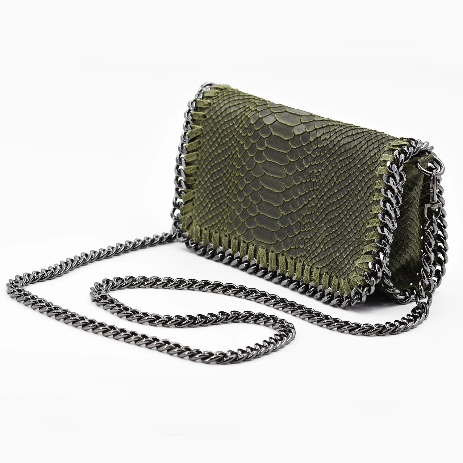 Crocodile patterned Italian leather clutch bag with shoulder chain