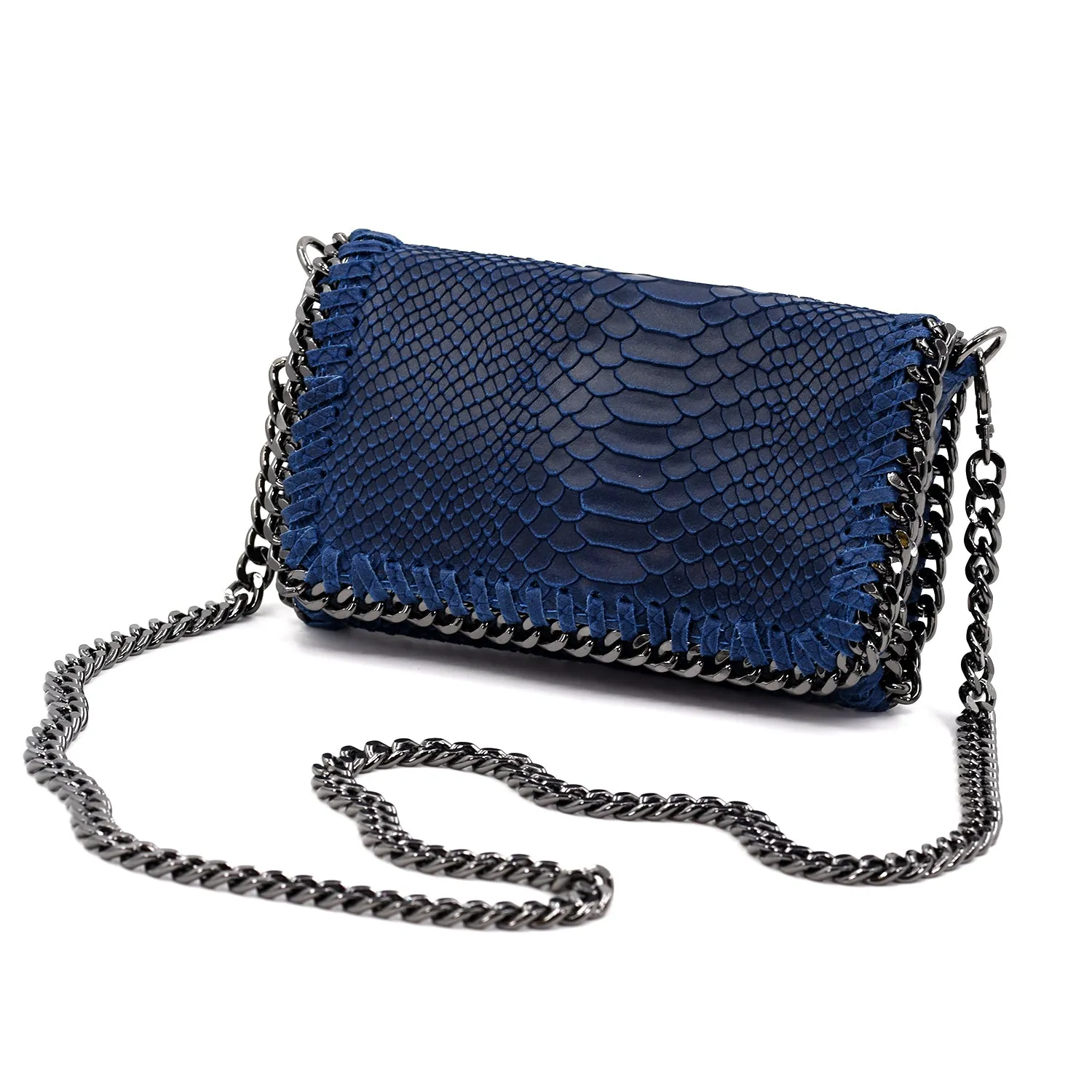 Crocodile patterned Italian leather clutch bag with shoulder chain