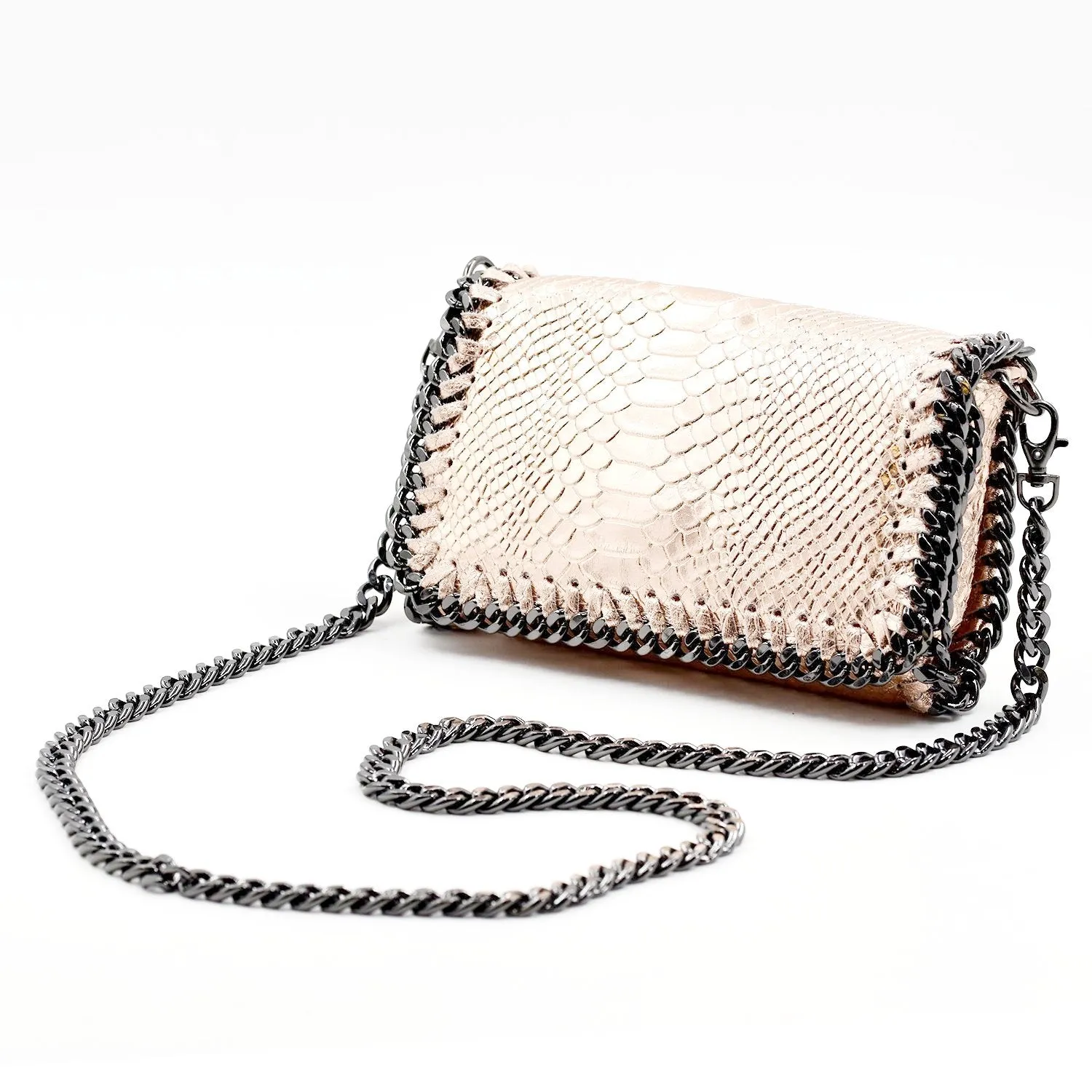Crocodile patterned Italian leather clutch bag with shoulder chain