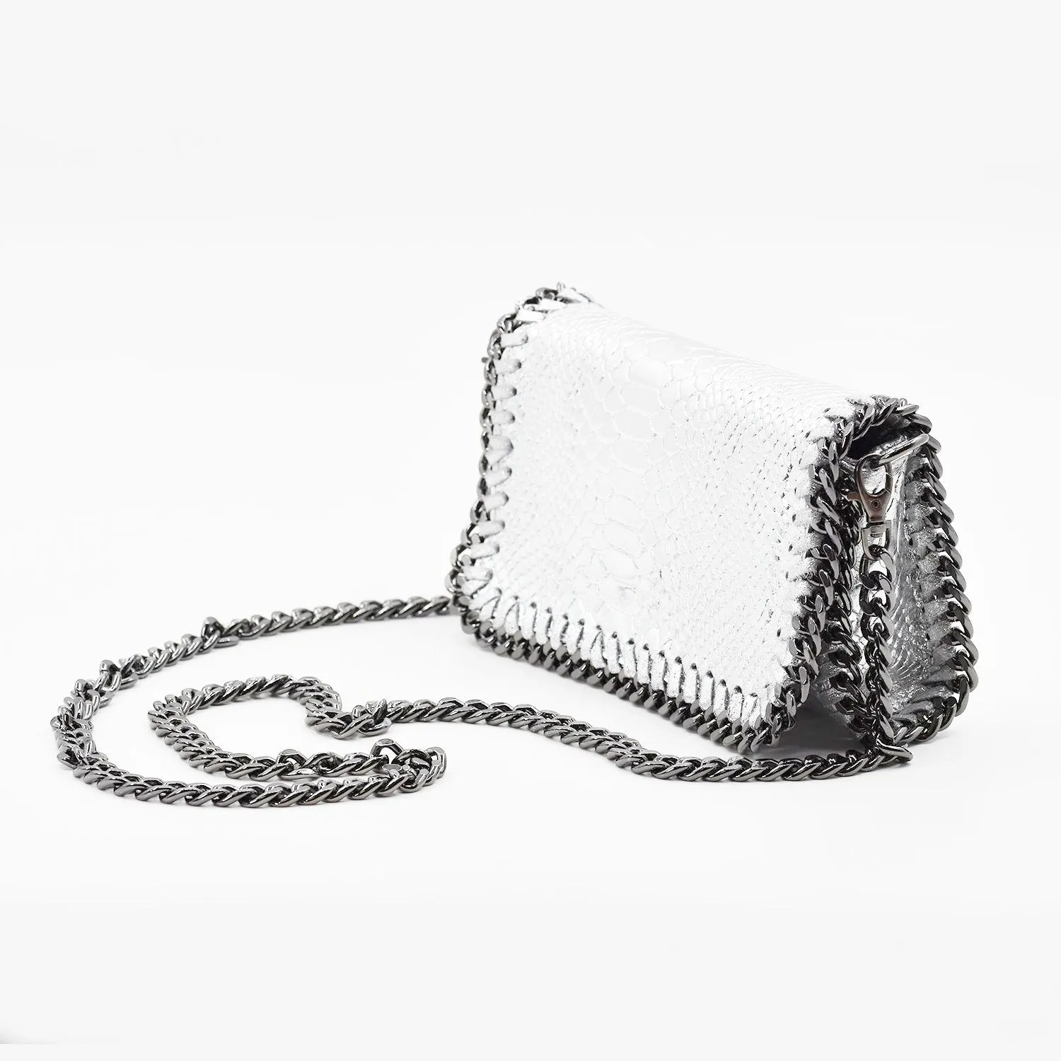 Crocodile patterned Italian leather clutch bag with shoulder chain