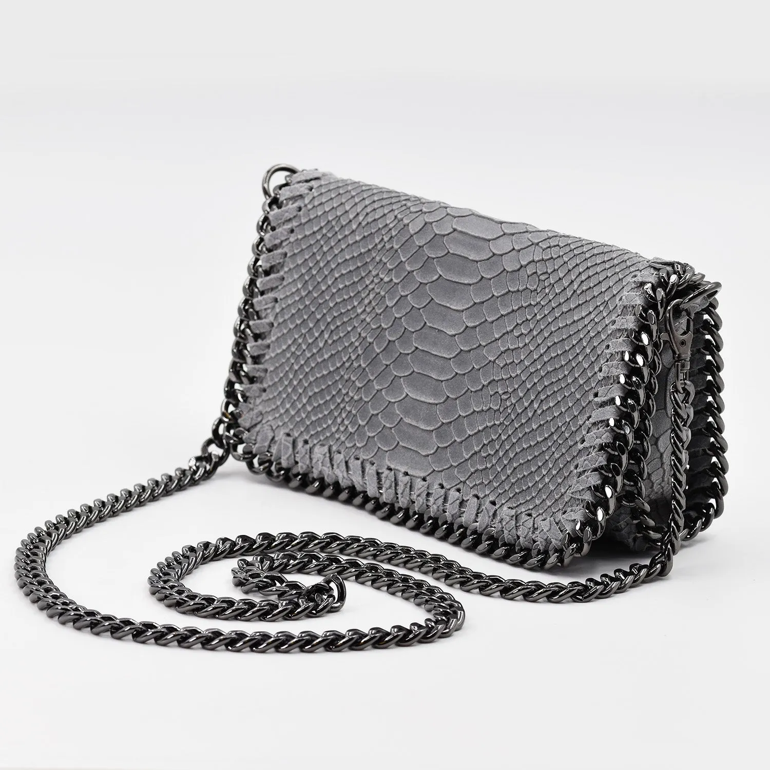 Crocodile patterned Italian leather clutch bag with shoulder chain