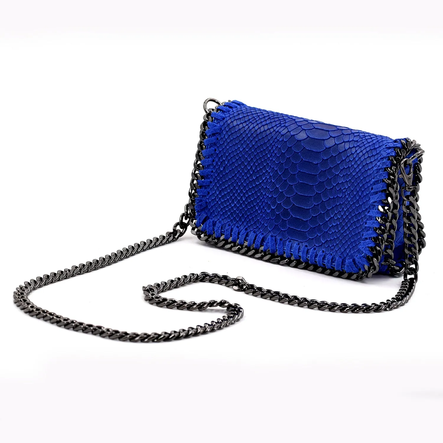 Crocodile patterned Italian leather clutch bag with shoulder chain