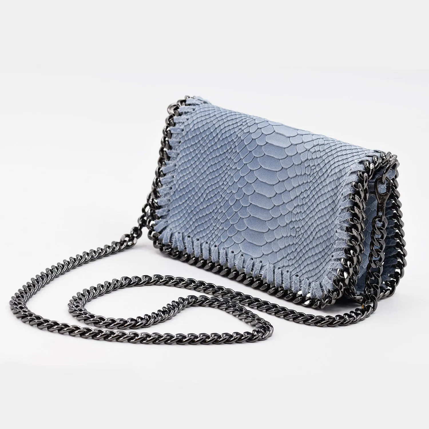 Crocodile patterned Italian leather clutch bag with shoulder chain
