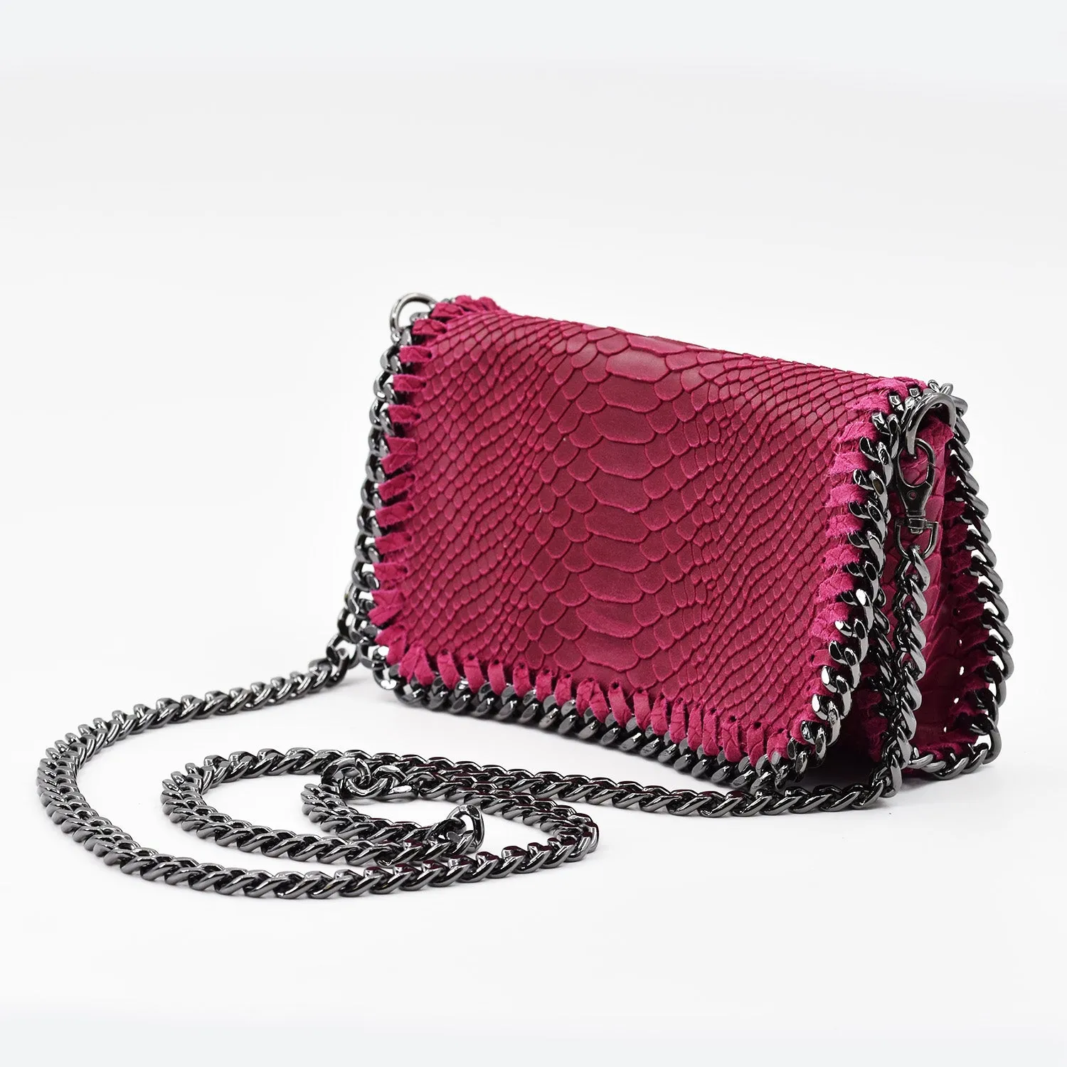 Crocodile patterned Italian leather clutch bag with shoulder chain