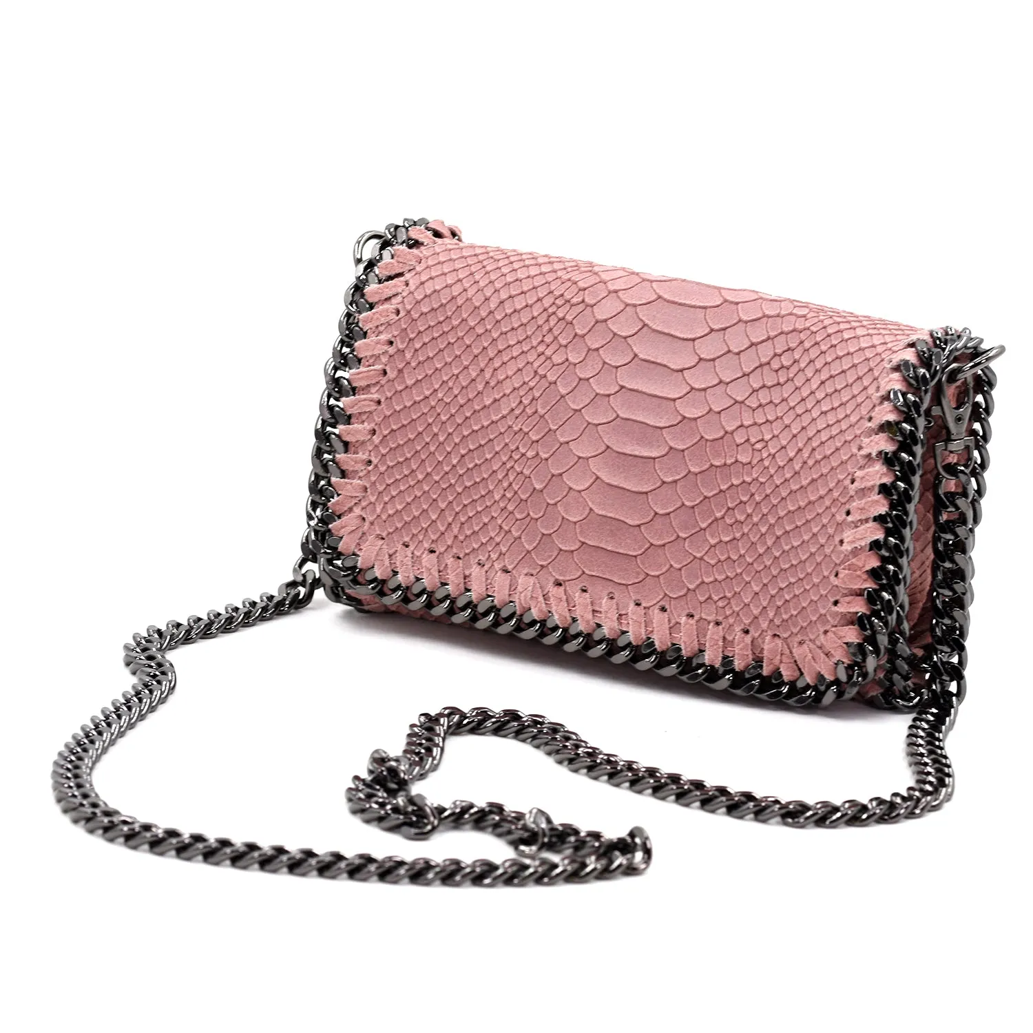 Crocodile patterned Italian leather clutch bag with shoulder chain