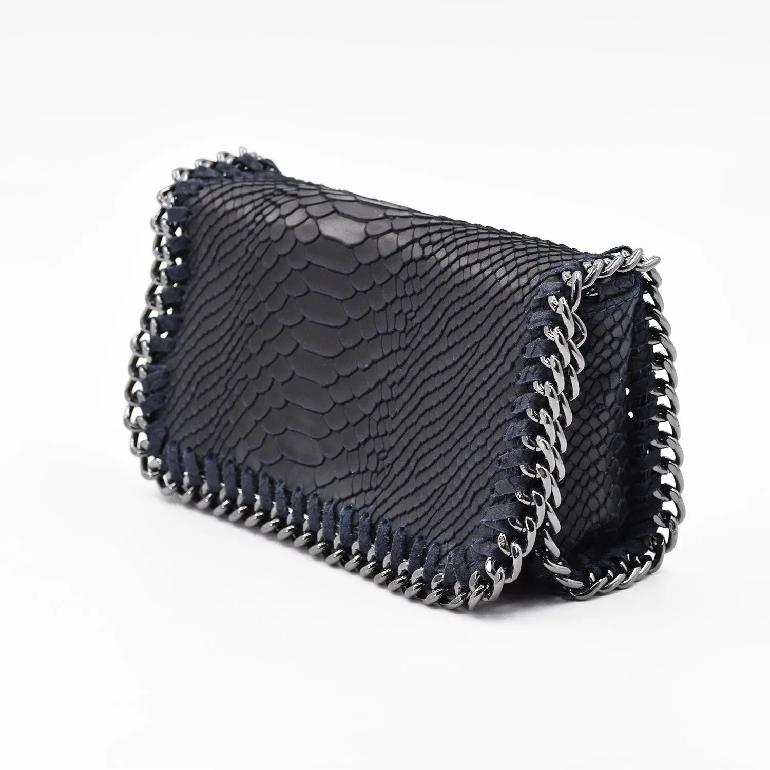 Crocodile patterned Italian leather clutch bag with shoulder chain