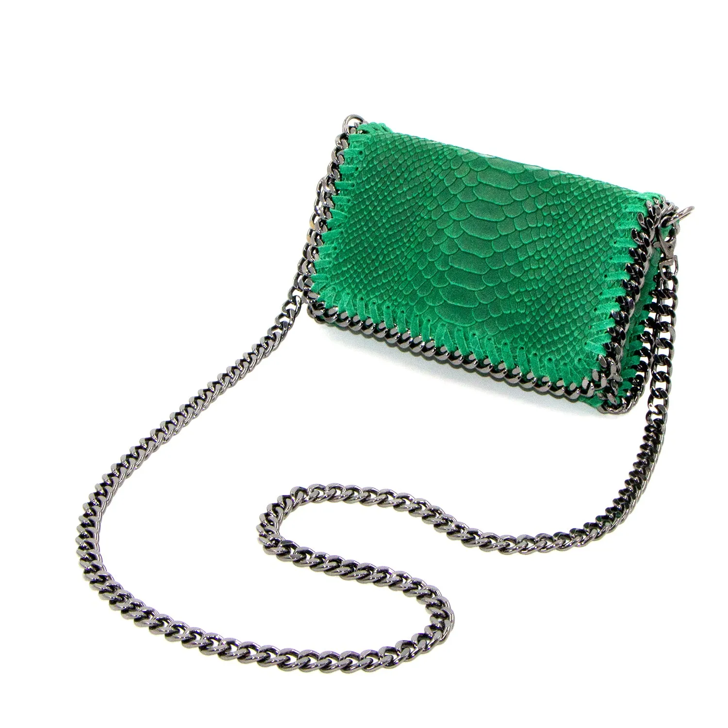 Crocodile patterned Italian leather clutch bag with shoulder chain