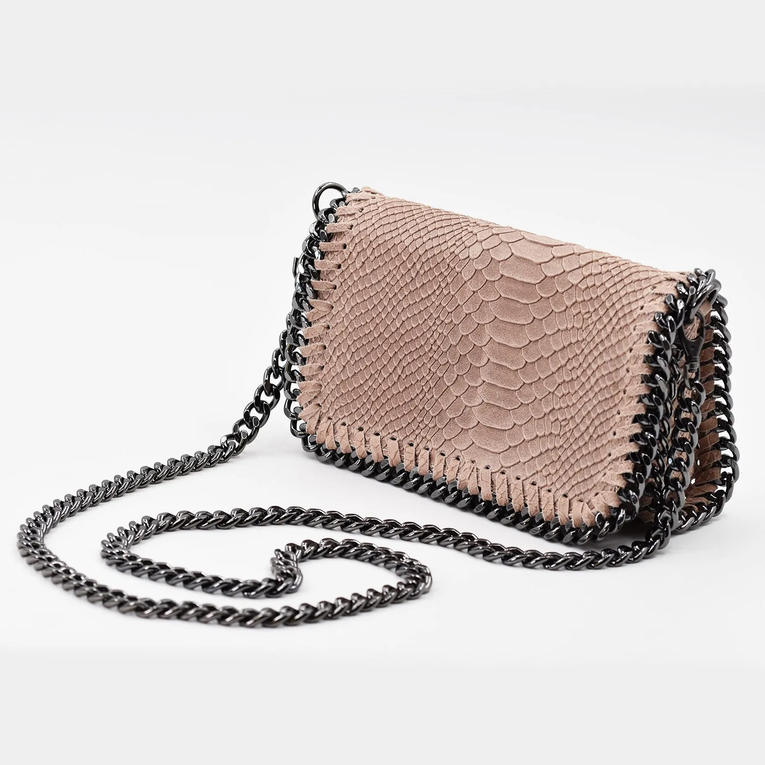 Crocodile patterned Italian leather clutch bag with shoulder chain