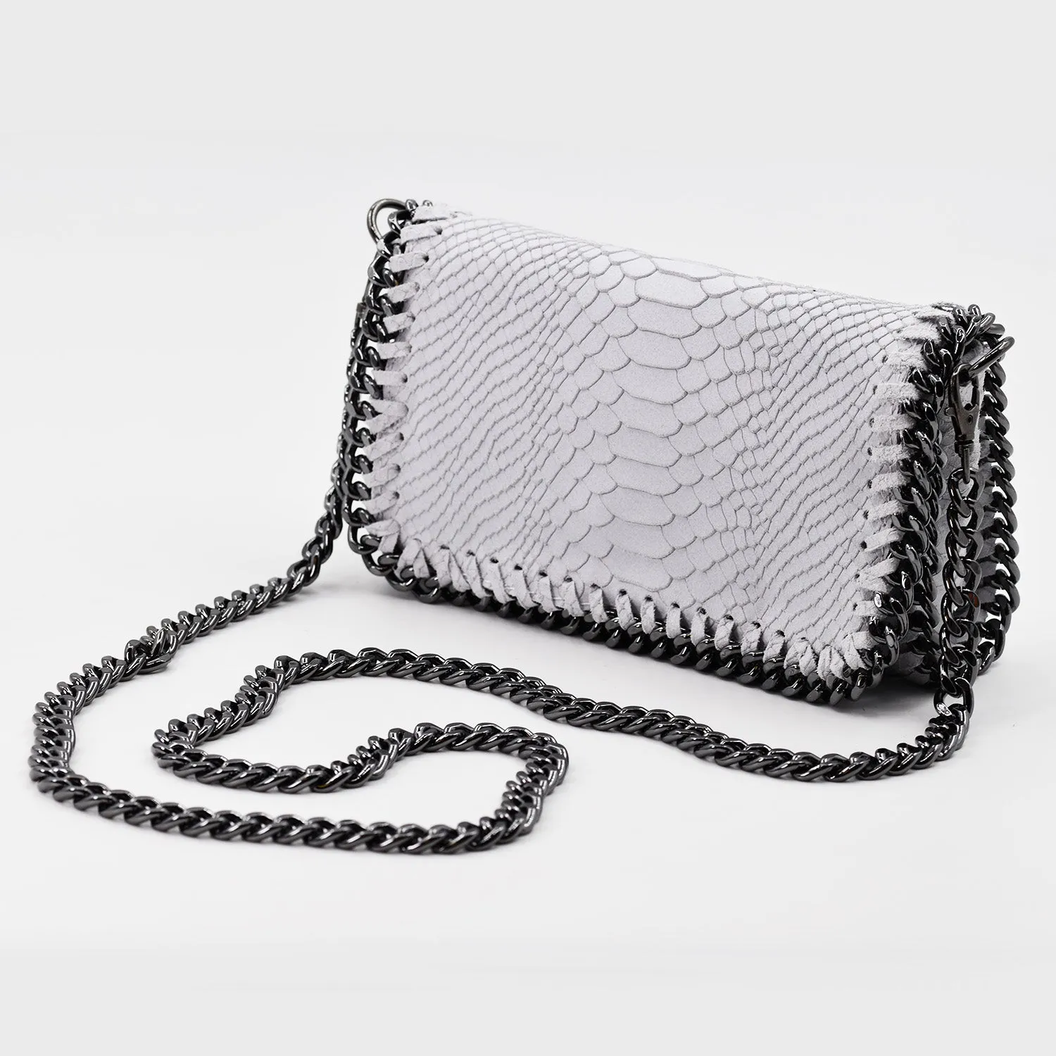 Crocodile patterned Italian leather clutch bag with shoulder chain