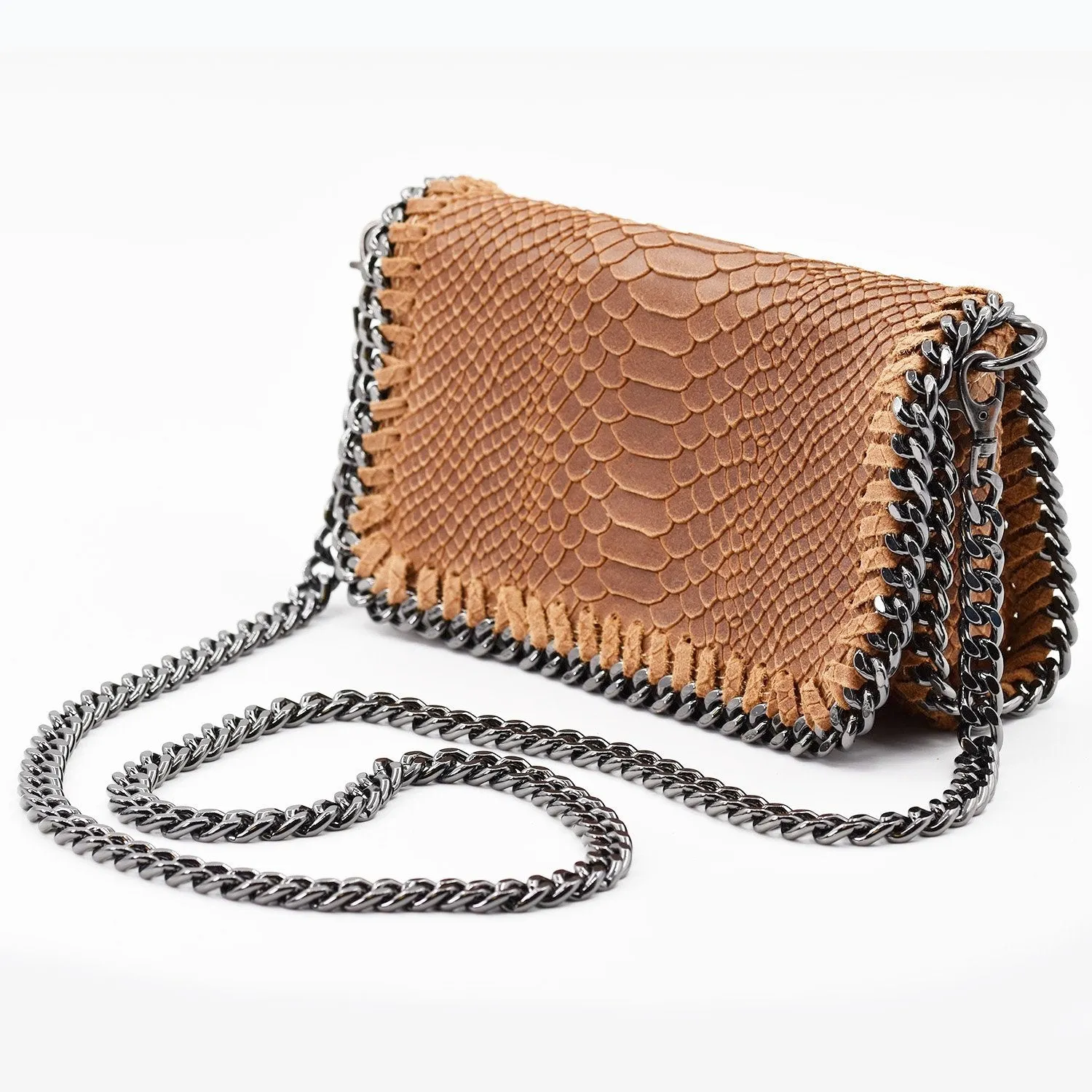 Crocodile patterned Italian leather clutch bag with shoulder chain