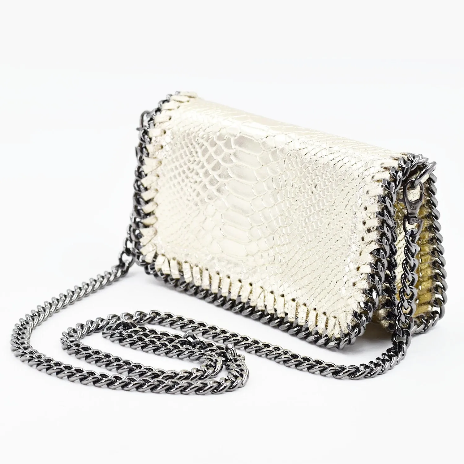 Crocodile patterned Italian leather clutch bag with shoulder chain