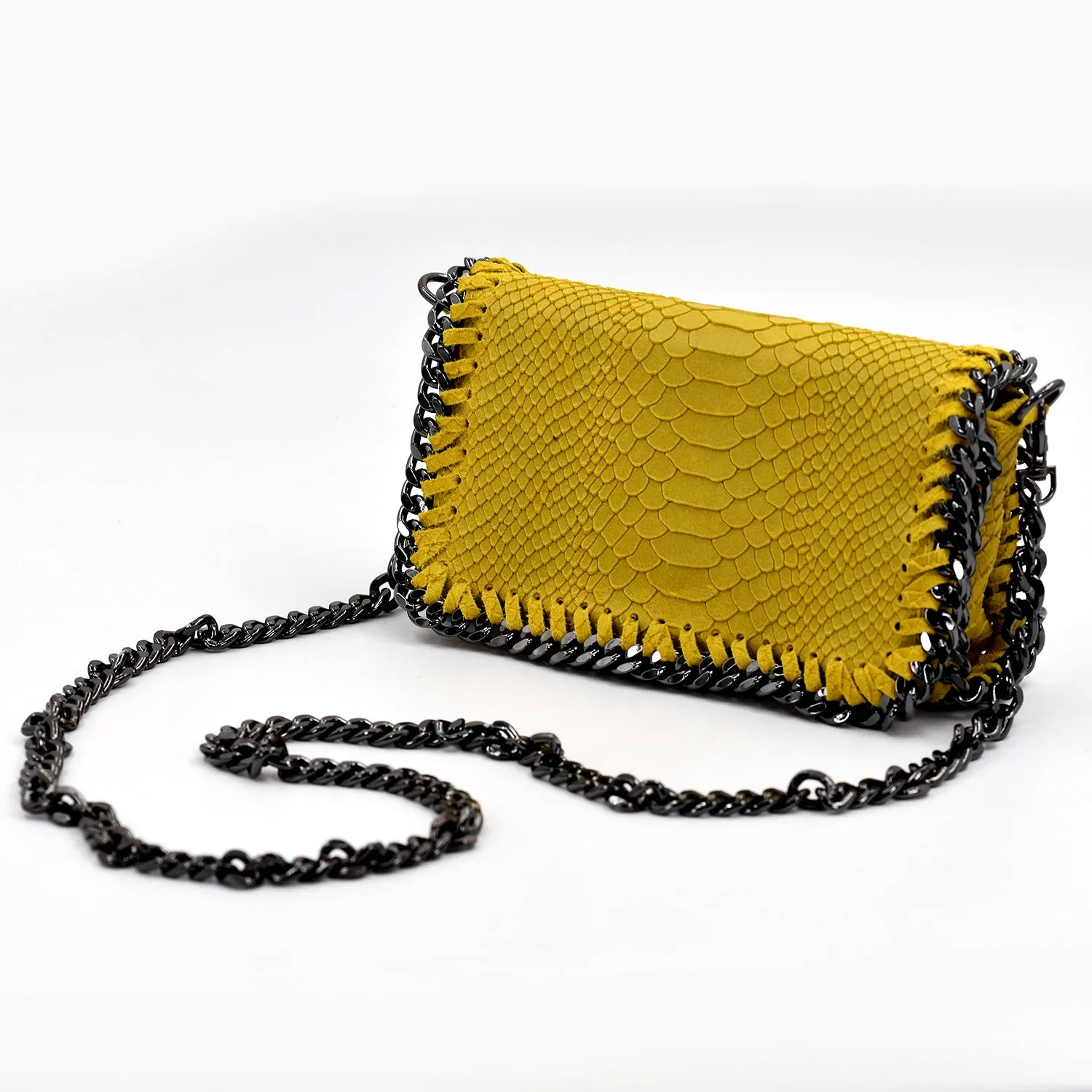 Crocodile patterned Italian leather clutch bag with shoulder chain