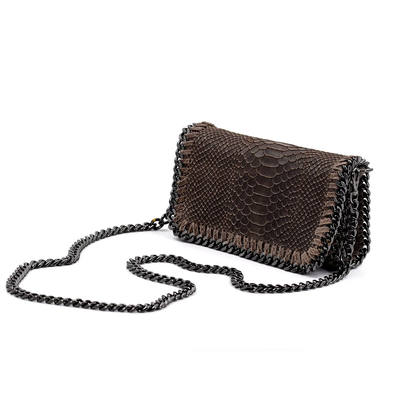 Crocodile patterned Italian leather clutch bag with shoulder chain