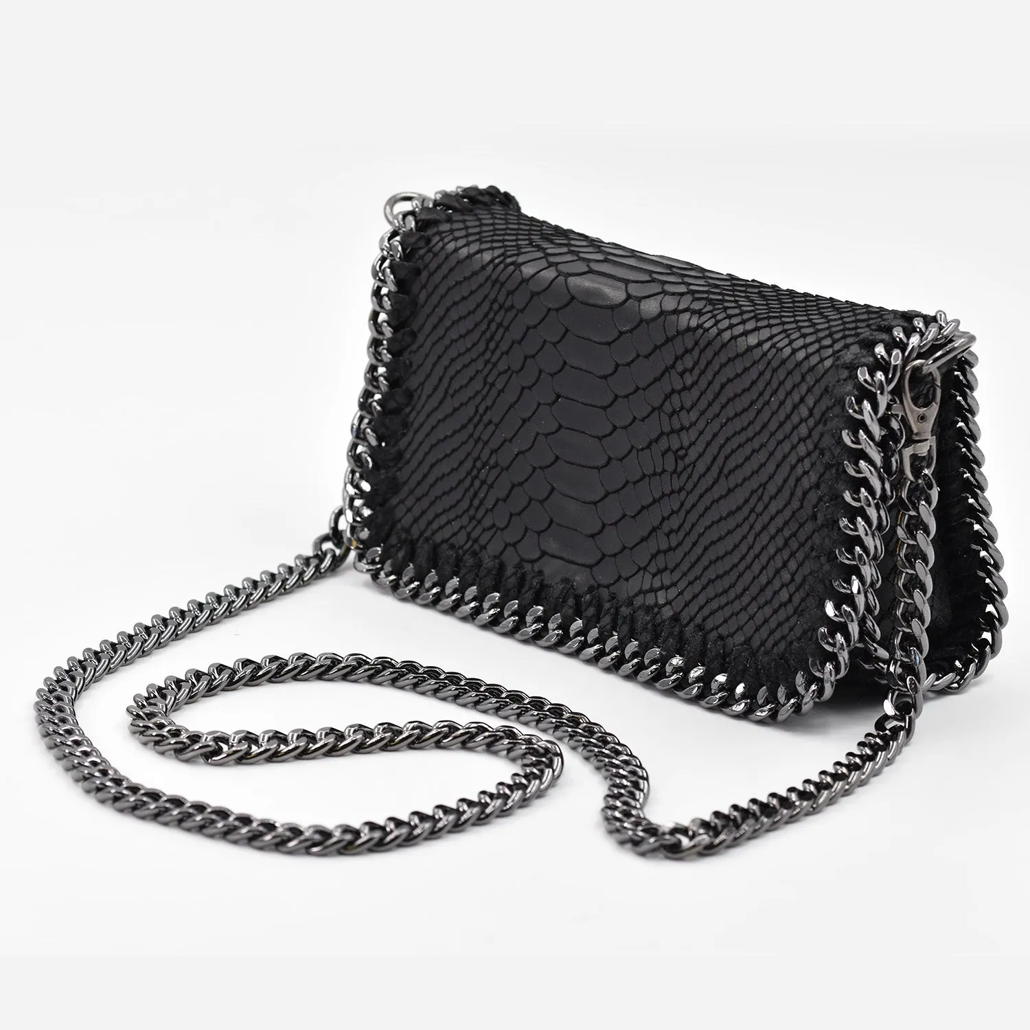 Crocodile patterned Italian leather clutch bag with shoulder chain