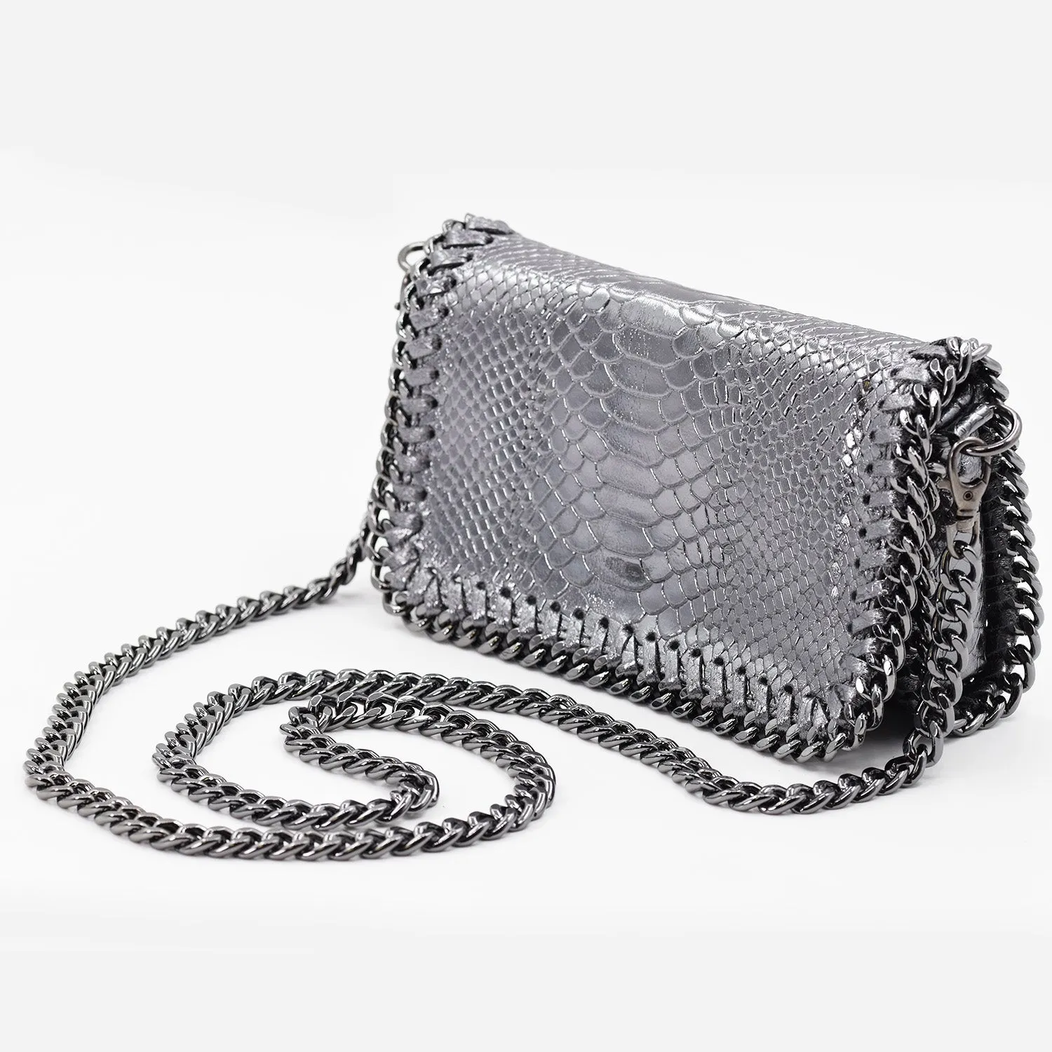 Crocodile patterned Italian leather clutch bag with shoulder chain