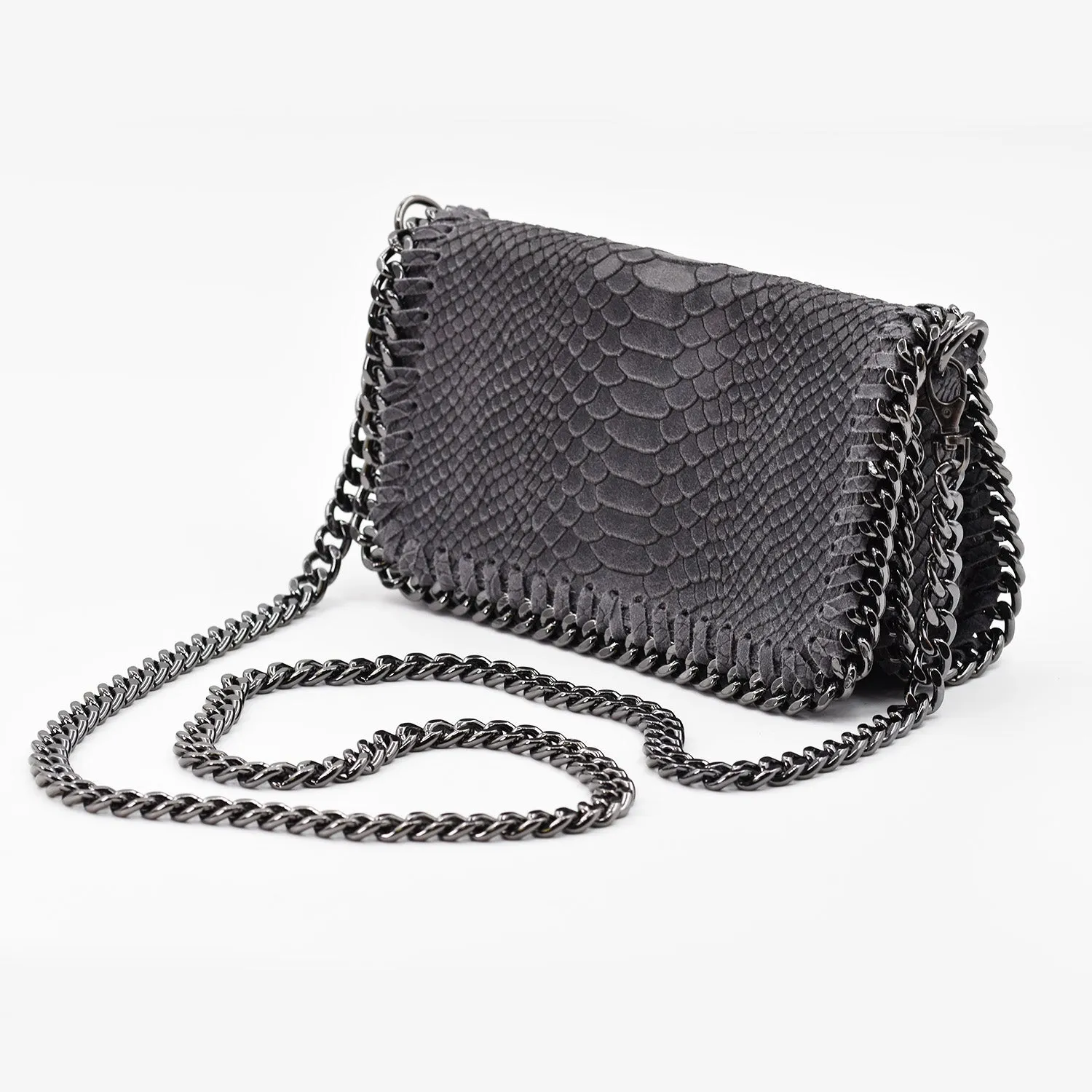 Crocodile patterned Italian leather clutch bag with shoulder chain