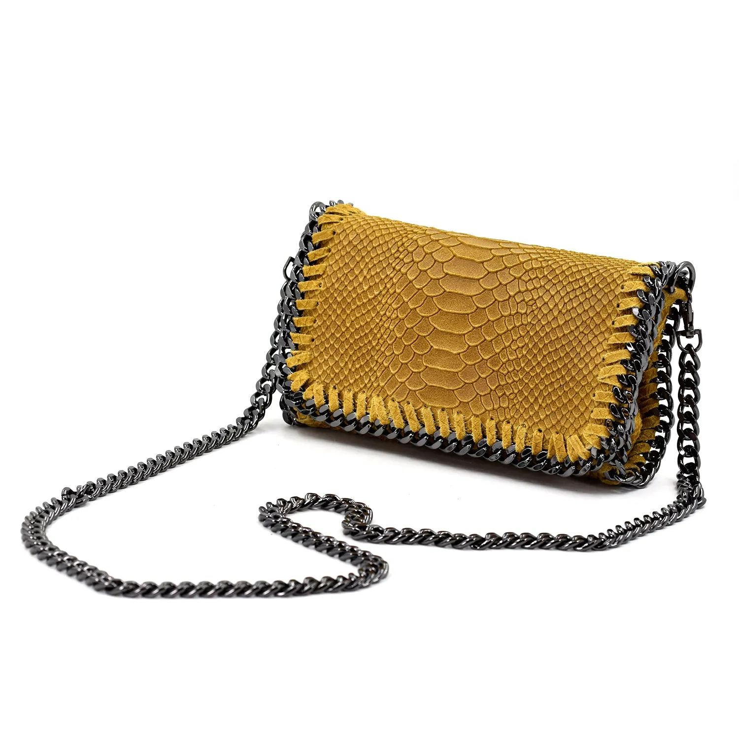 Crocodile patterned Italian leather clutch bag with shoulder chain