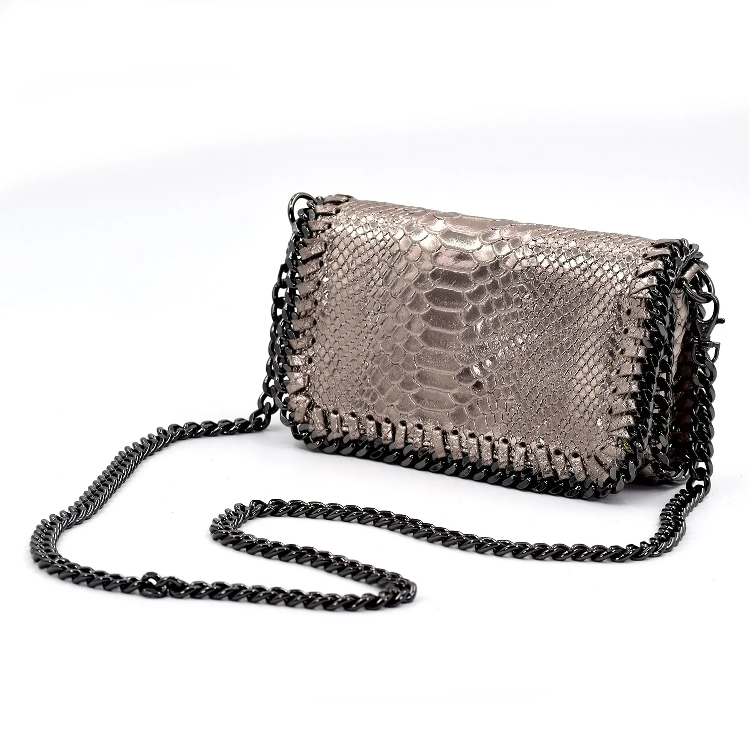 Crocodile patterned Italian leather clutch bag with shoulder chain