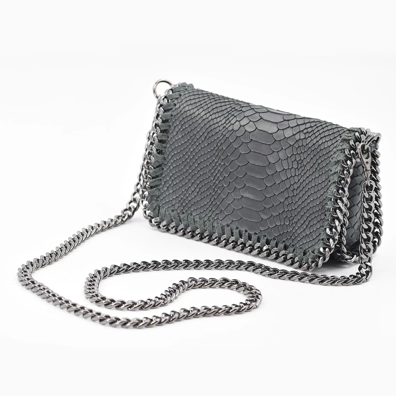Crocodile patterned Italian leather clutch bag with shoulder chain