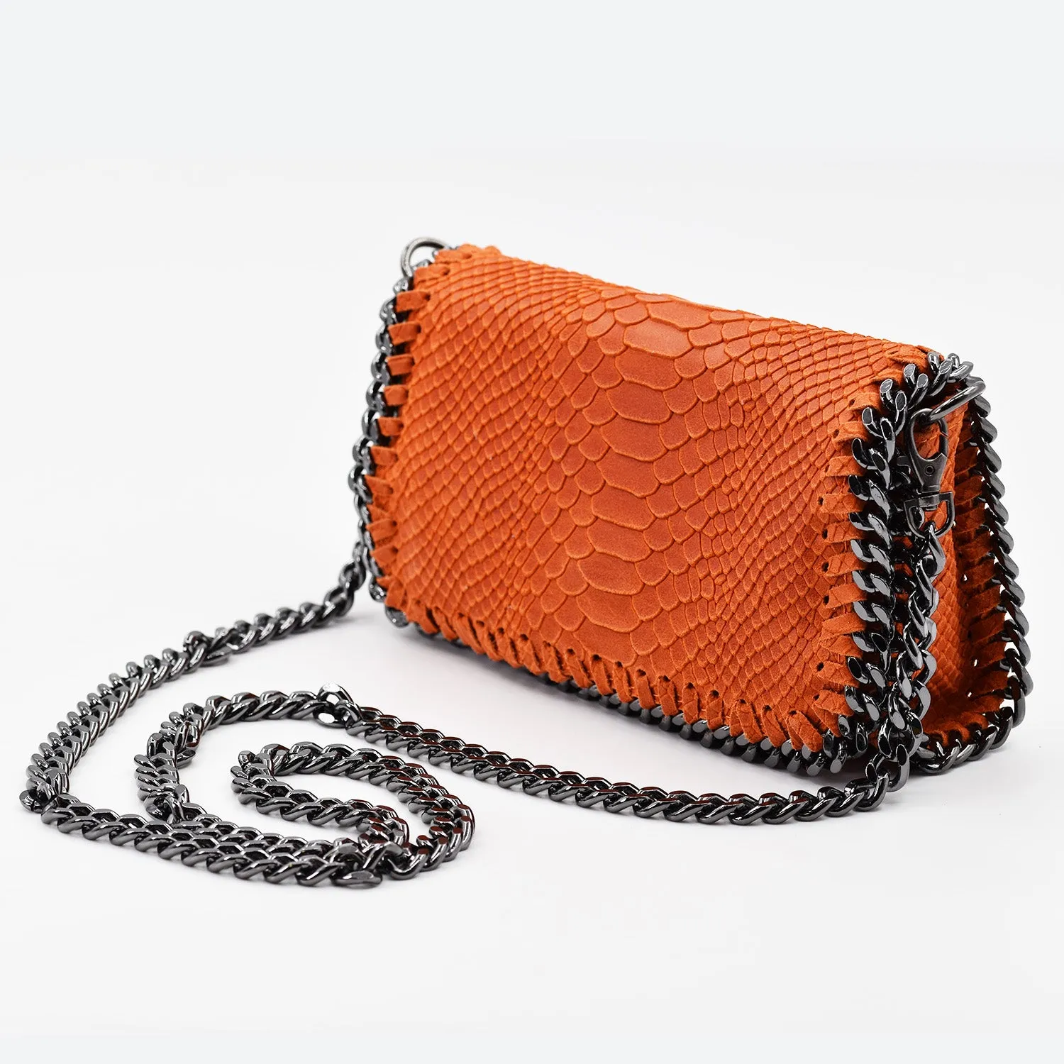 Crocodile patterned Italian leather clutch bag with shoulder chain