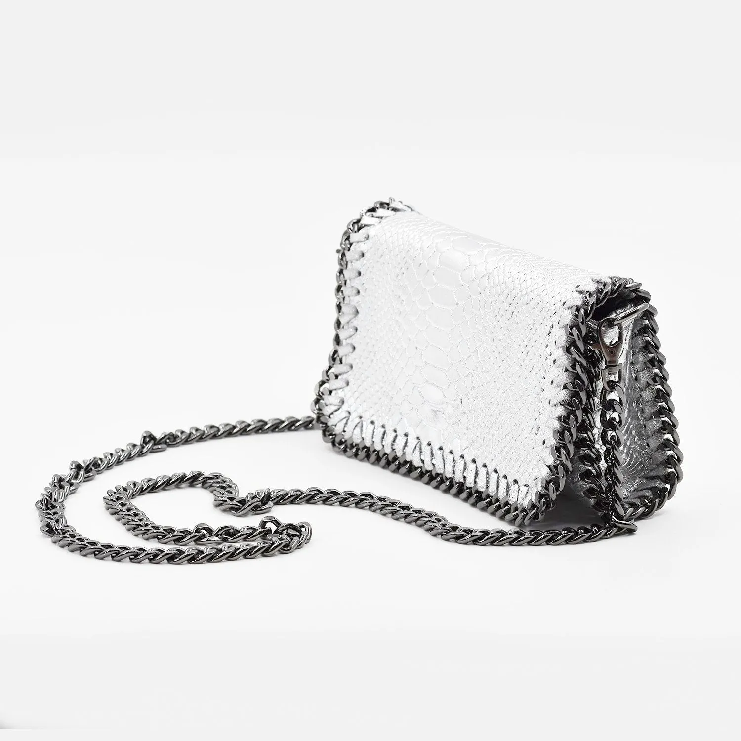 Crocodile patterned Italian leather clutch bag with shoulder chain