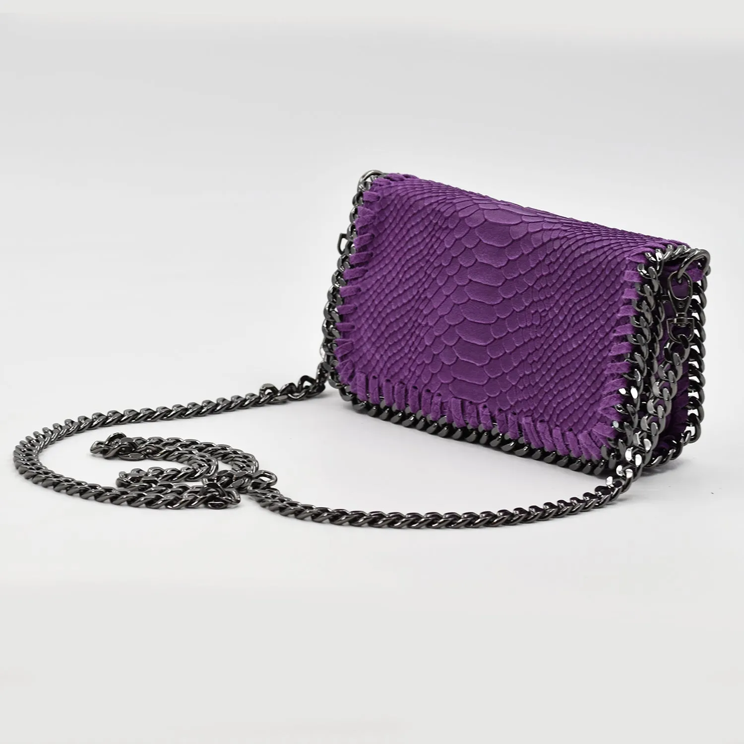 Crocodile patterned Italian leather clutch bag with shoulder chain