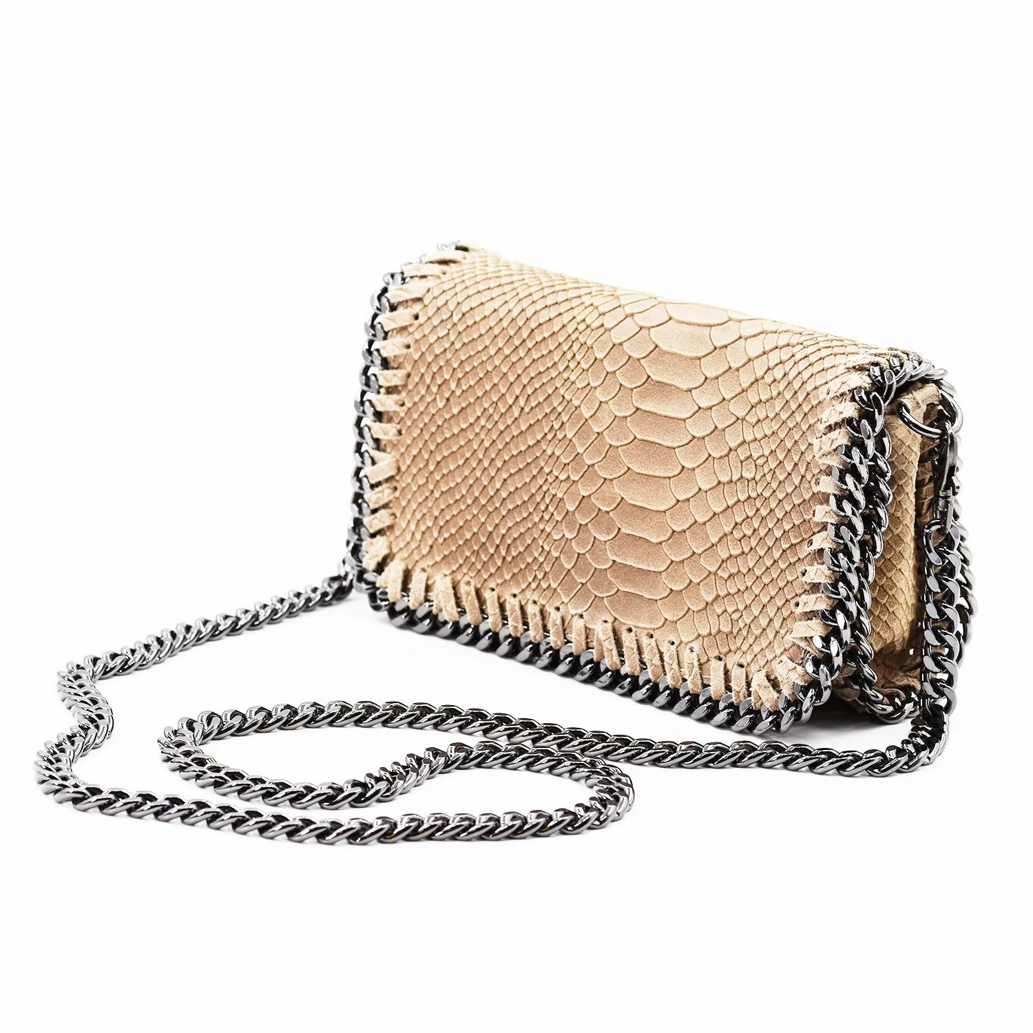 Crocodile patterned Italian leather clutch bag with shoulder chain