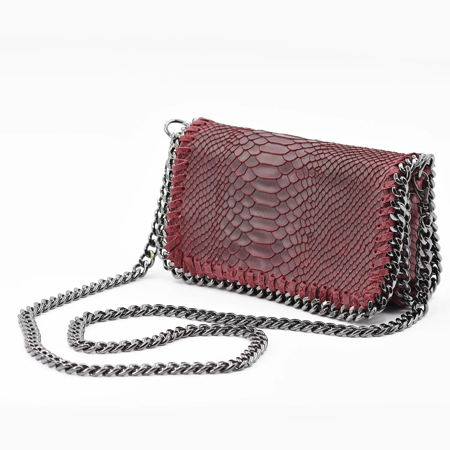 Crocodile patterned Italian leather clutch bag with shoulder chain