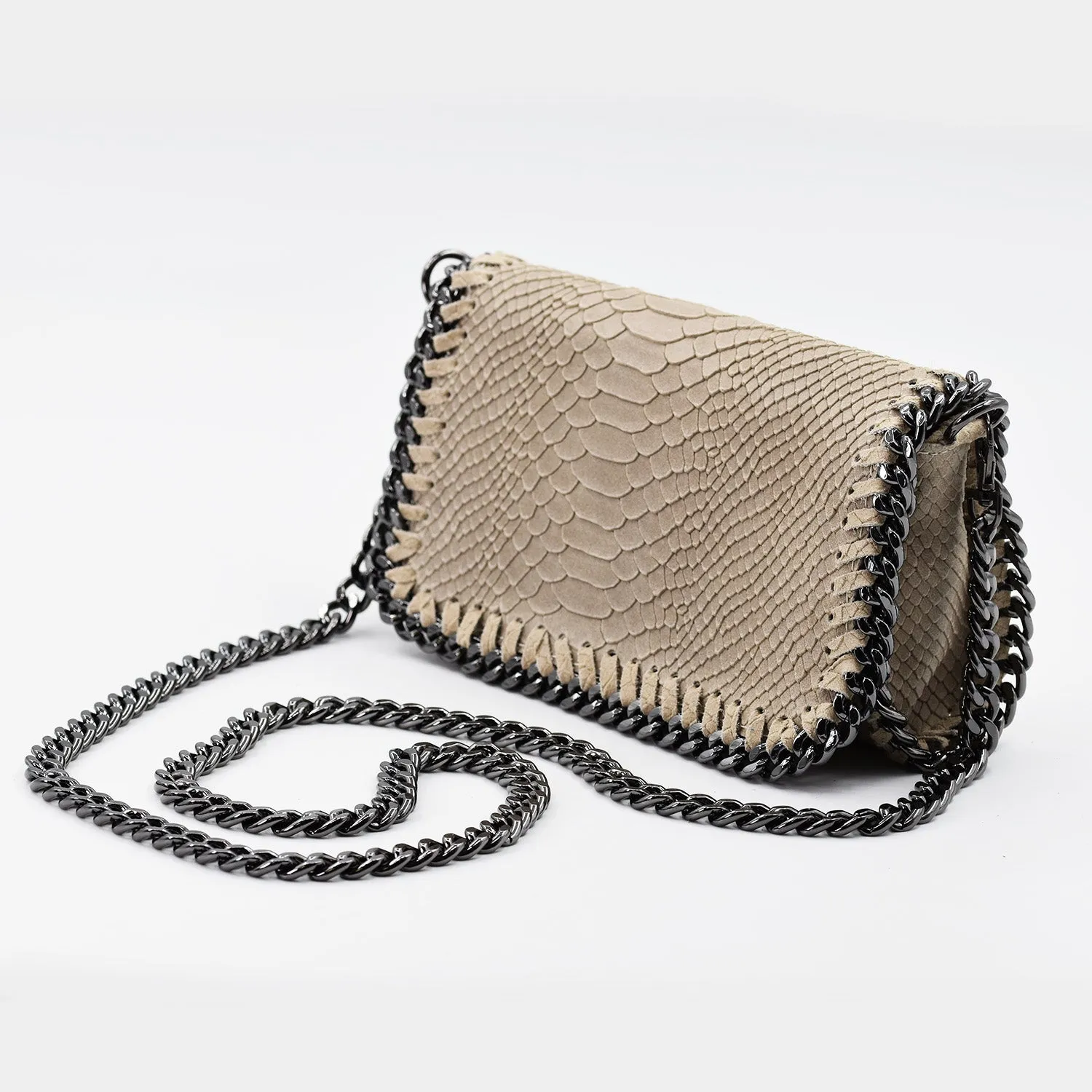 Crocodile patterned Italian leather clutch bag with shoulder chain