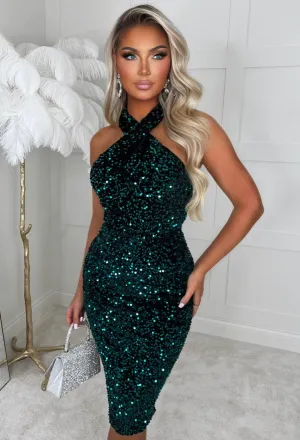 Glitzy Glamour Green Halterneck Sequin Dress