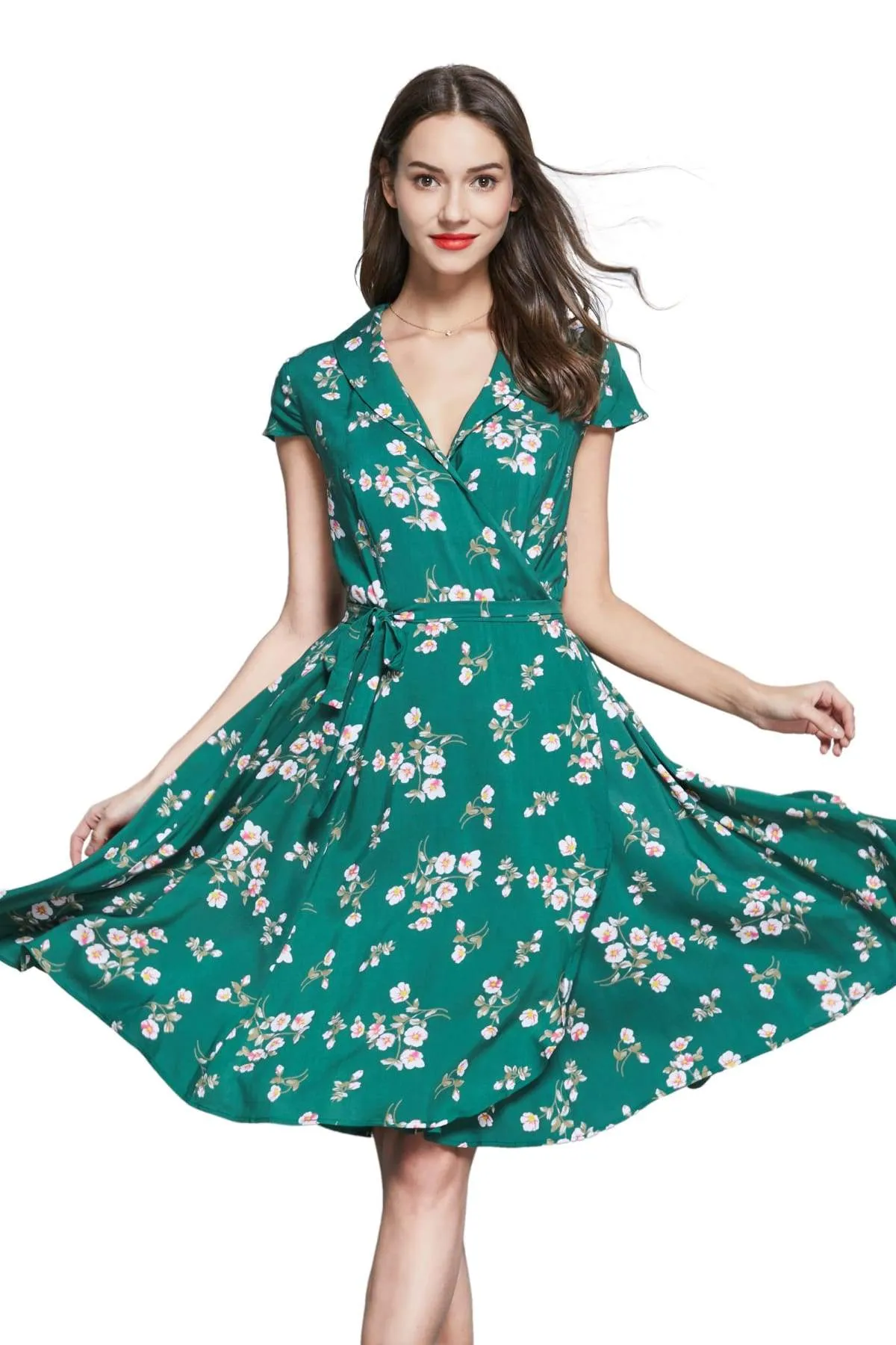 Green Shawl Collared Wrap Dress with Pink and White Petunia Flowers and Pockets