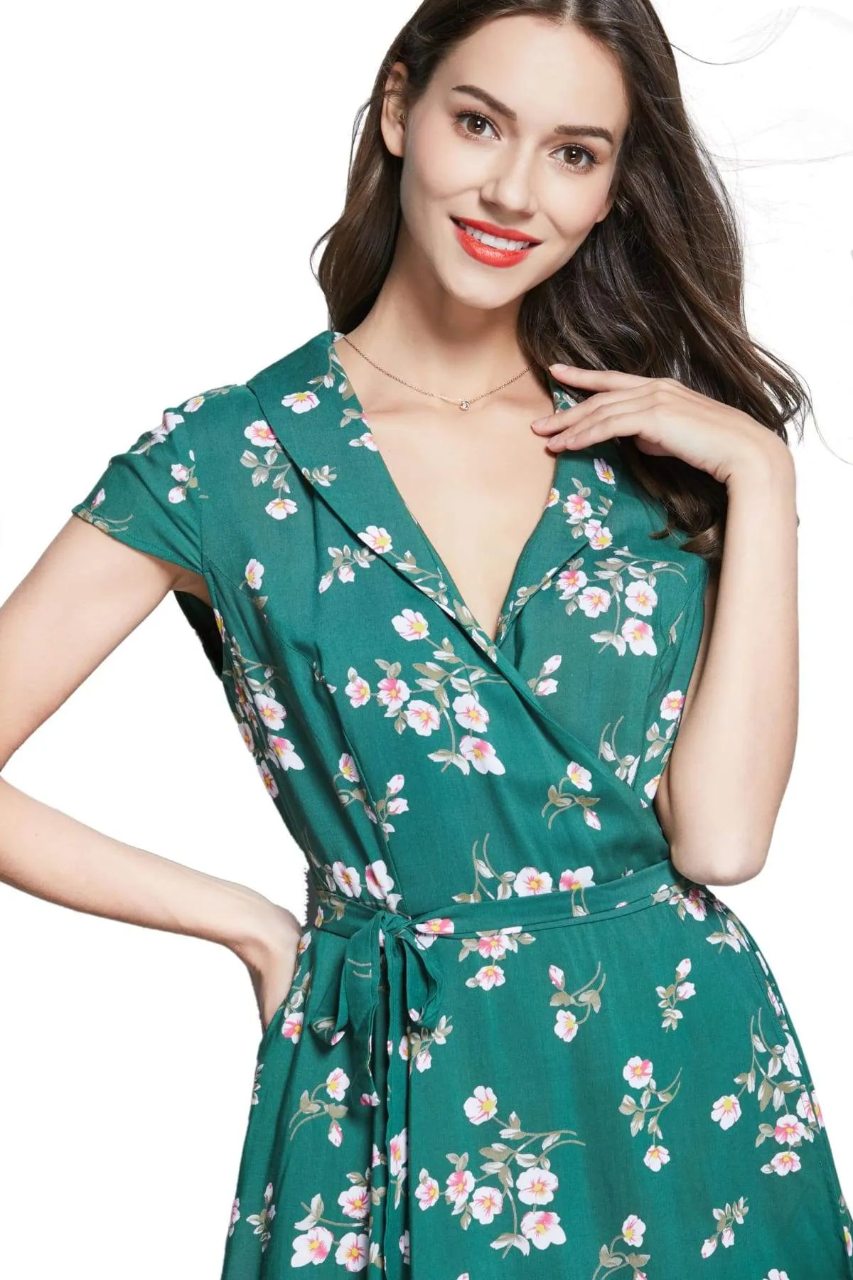 Green Shawl Collared Wrap Dress with Pink and White Petunia Flowers and Pockets