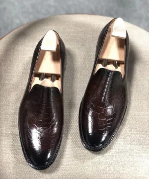 Height Increasing Brown Croc Print Leather Lugo Loafers