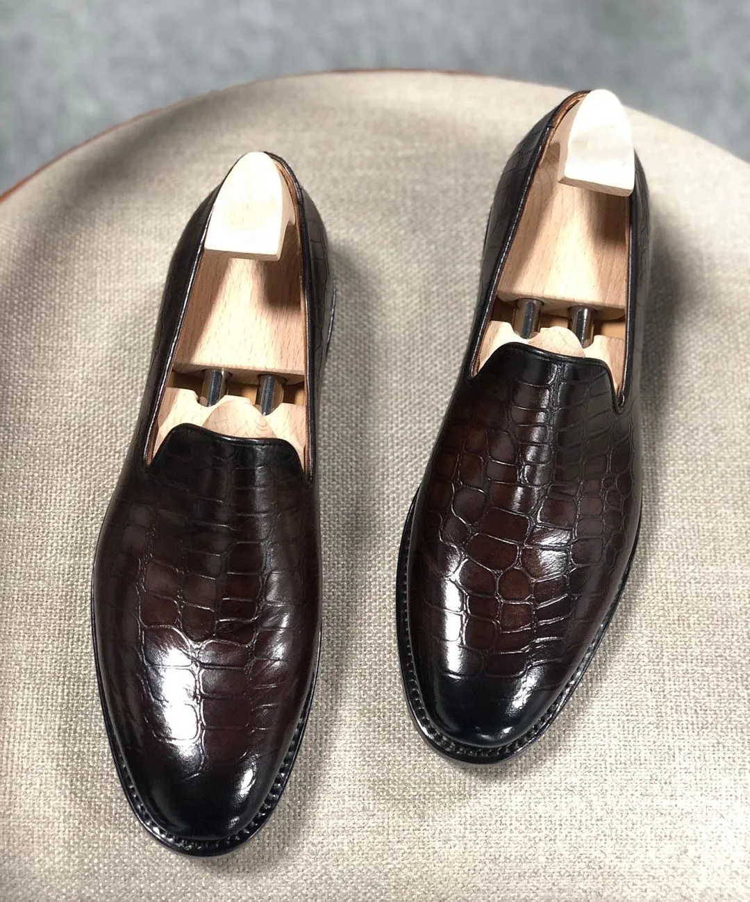 Height Increasing Brown Croc Print Leather Lugo Loafers