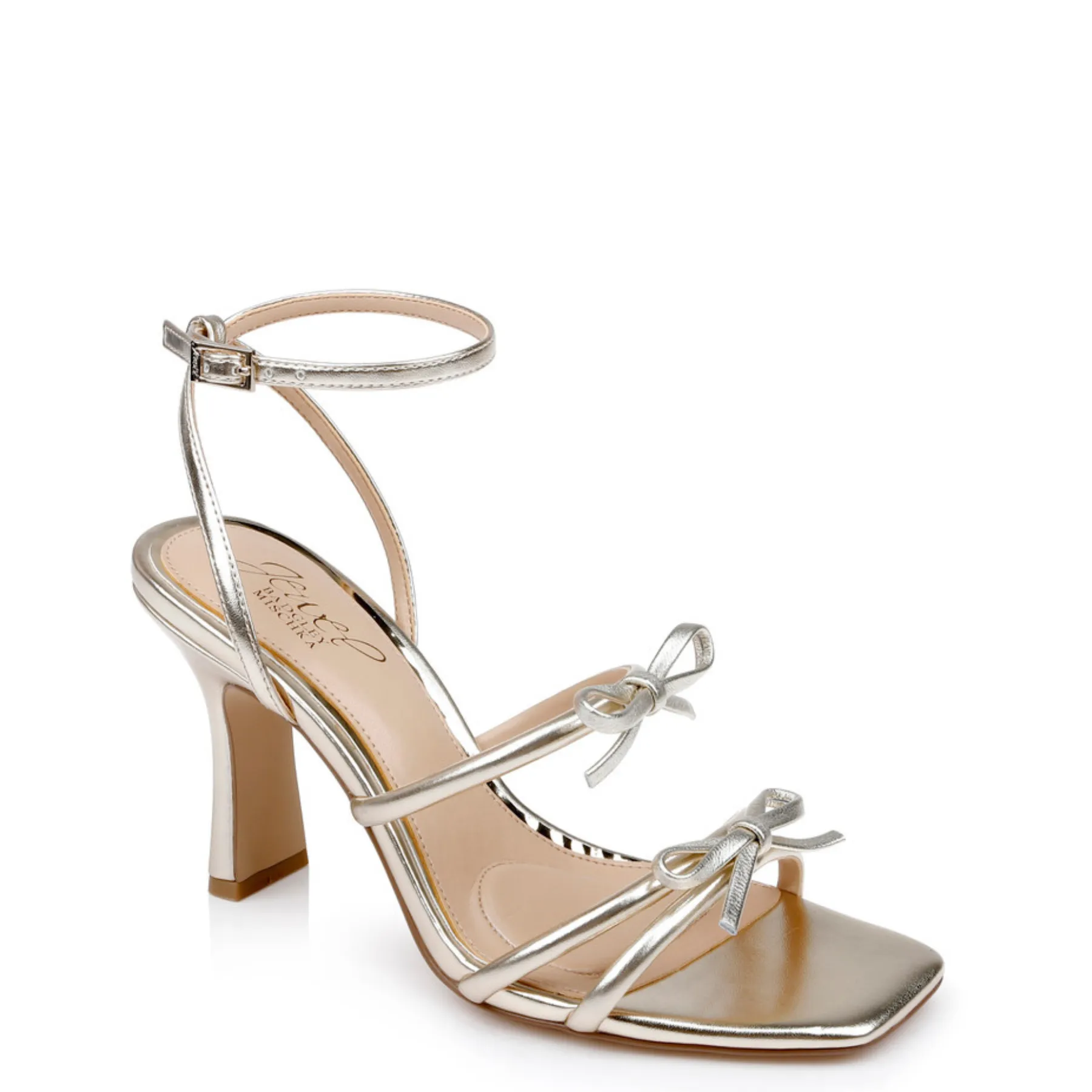 Kiyomi II - Metallic Block Stiletto Heel Sandals with Bow Straps - Light Gold