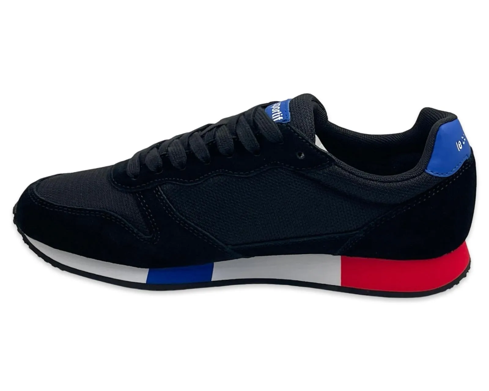 Le coq sportif black suede vintage trainers with red and blue details 2220386BK