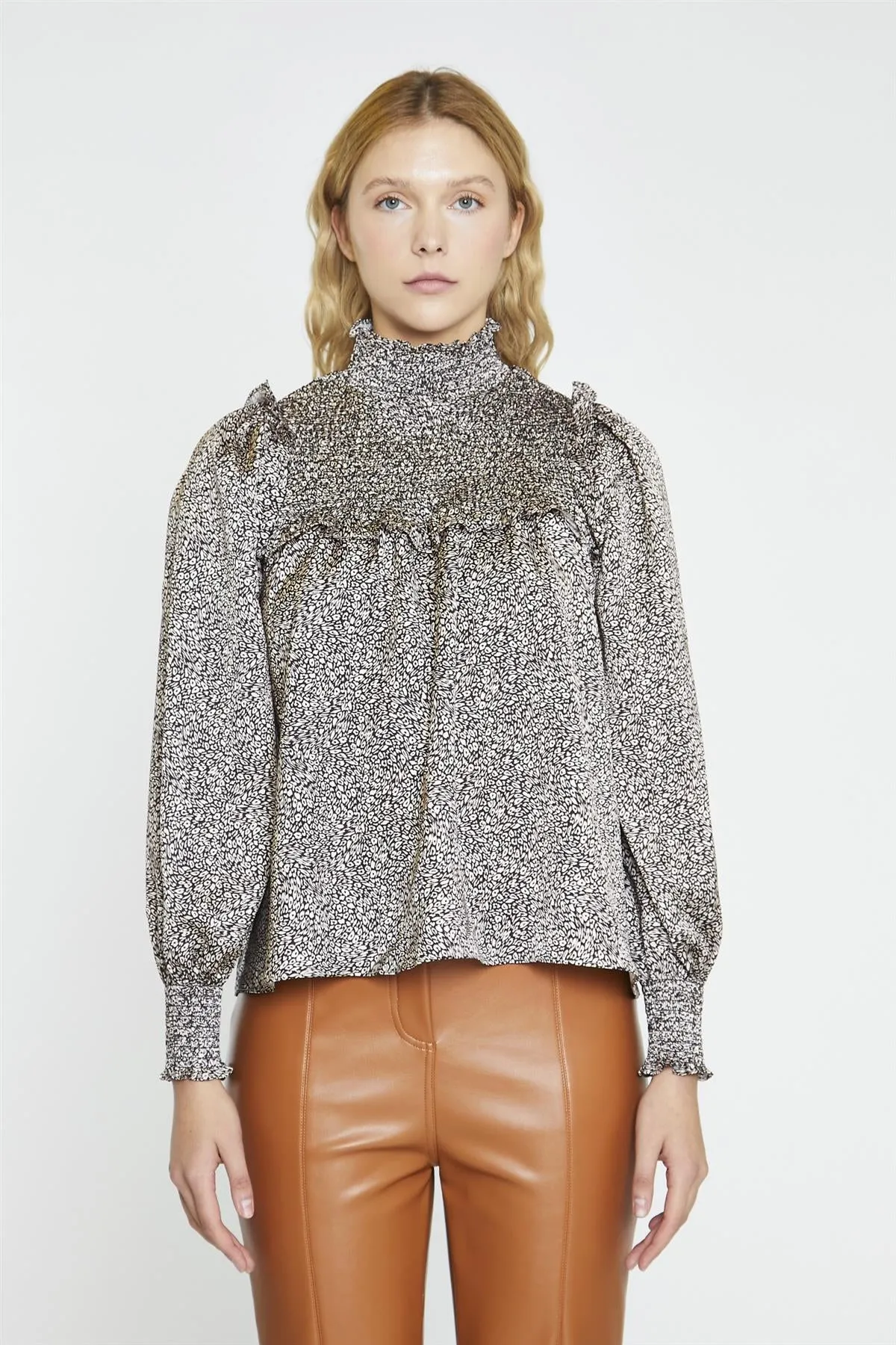 Leopard-Swirl Long-Sleeve Blouse