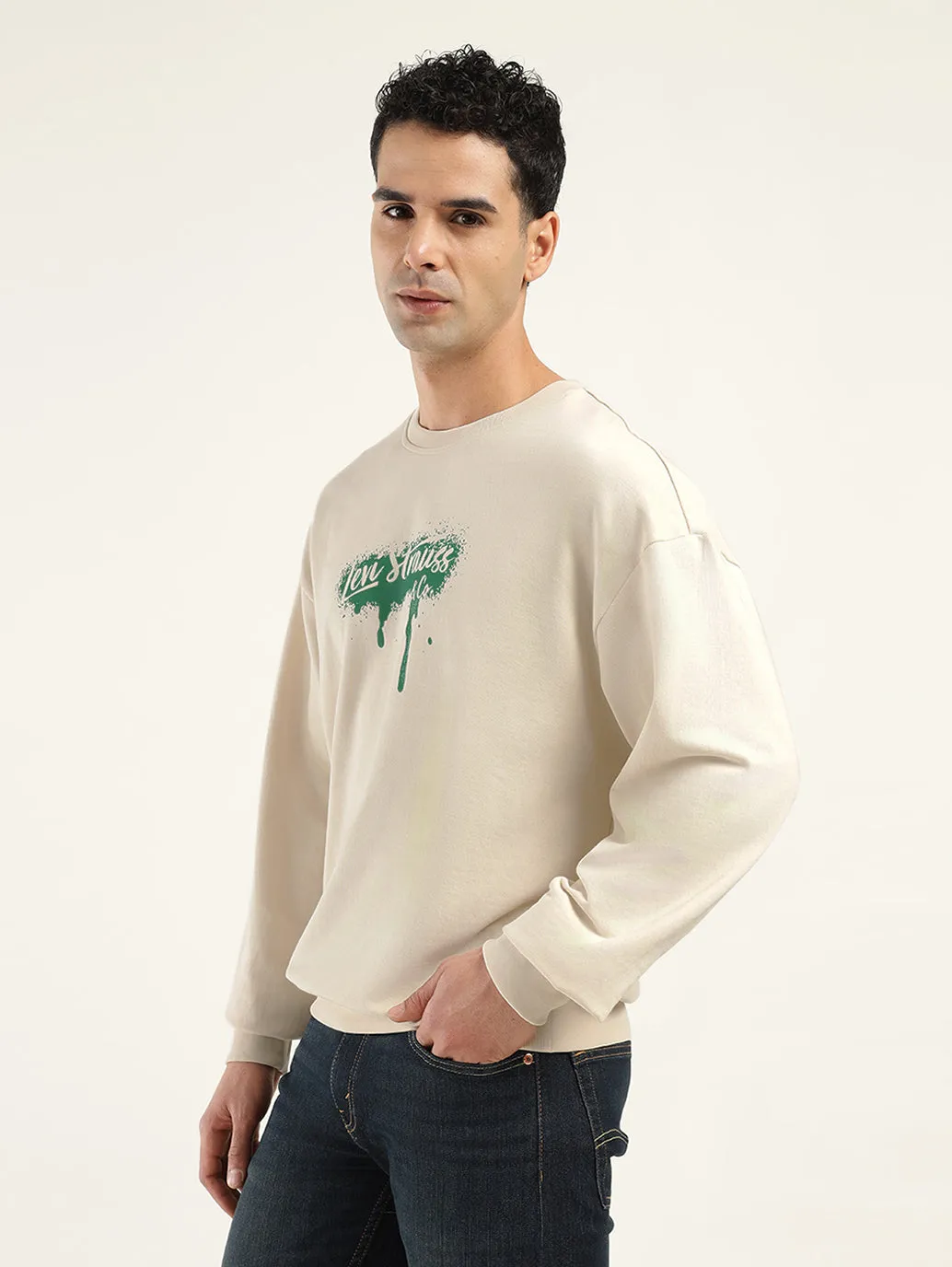 Men's Brand Logo Cream Crew Neck Sweatshirt