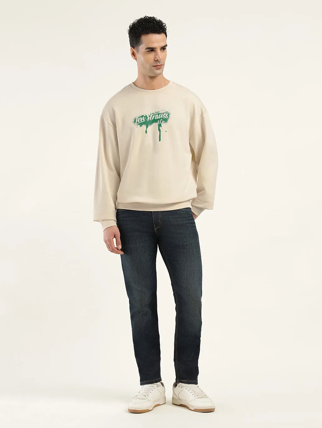 Men's Brand Logo Cream Crew Neck Sweatshirt