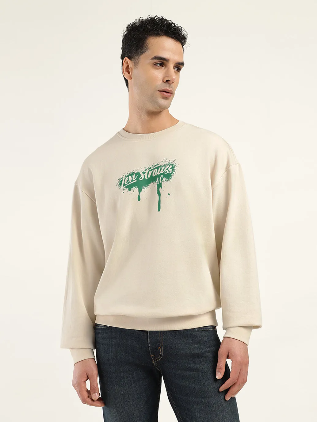 Men's Brand Logo Cream Crew Neck Sweatshirt