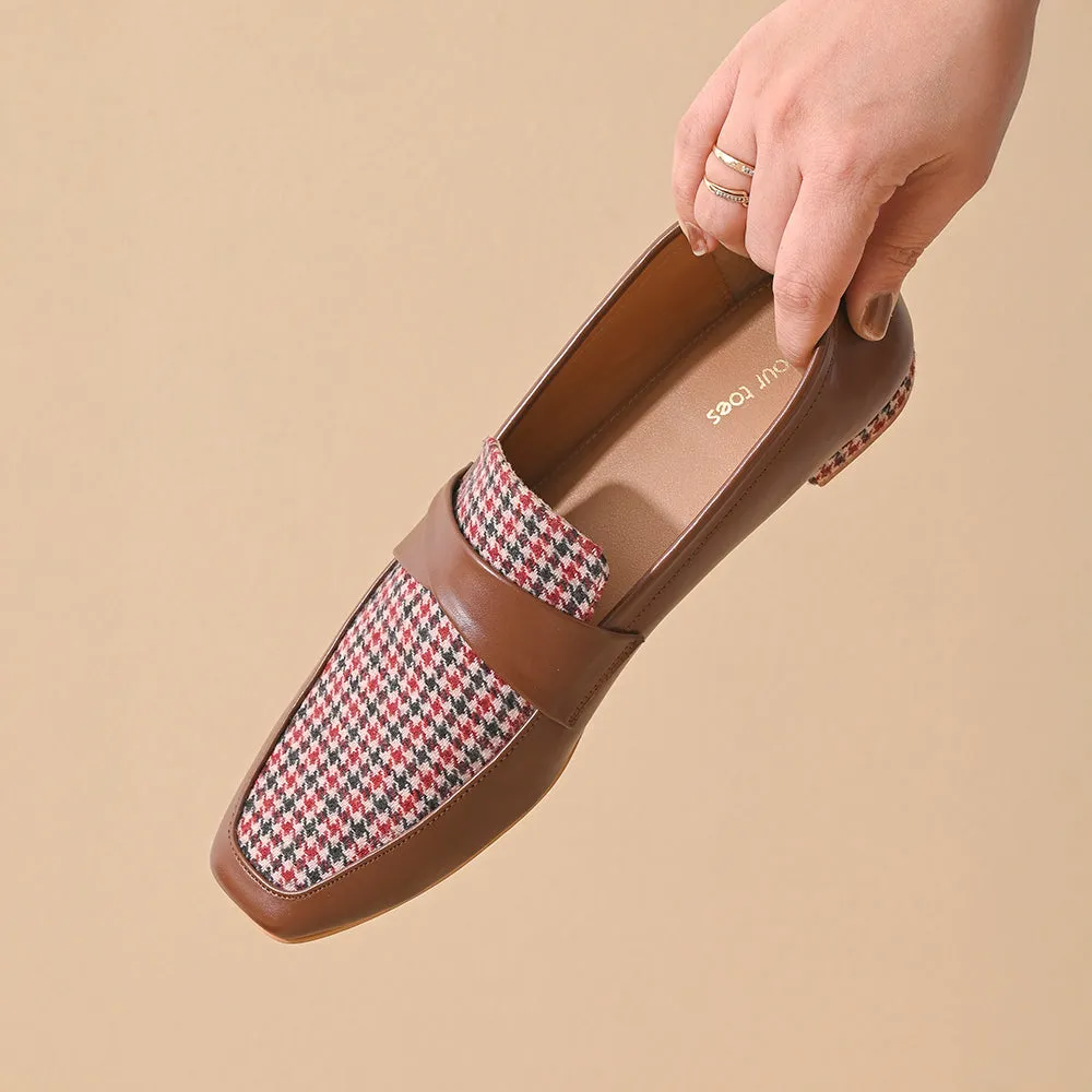Oak Houndstooth Square Toe Loafers Shoes