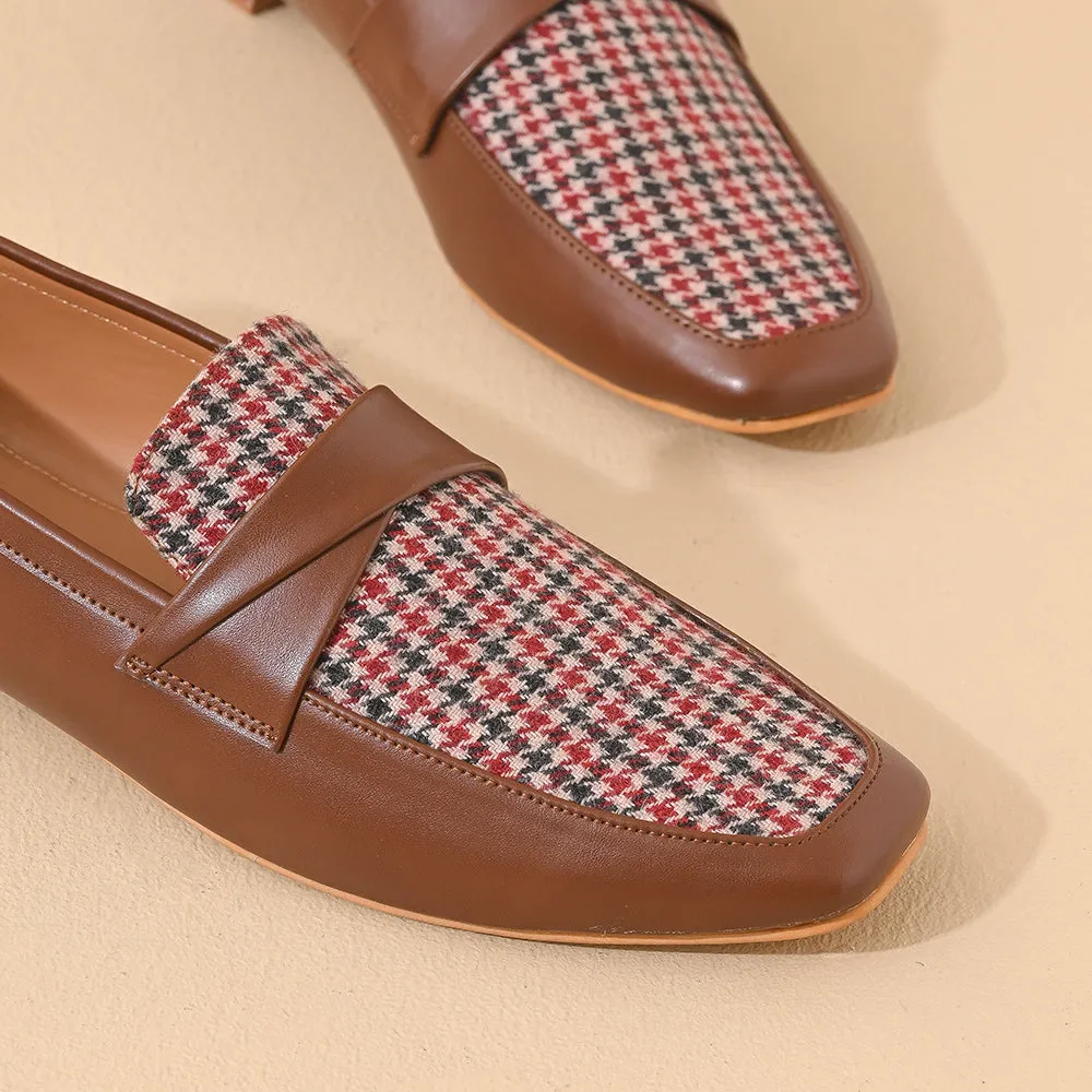 Oak Houndstooth Square Toe Loafers Shoes