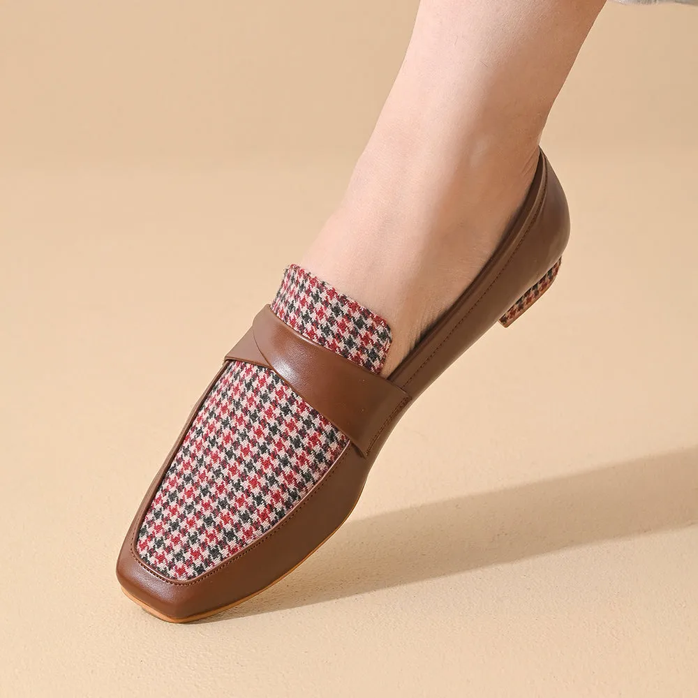 Oak Houndstooth Square Toe Loafers Shoes